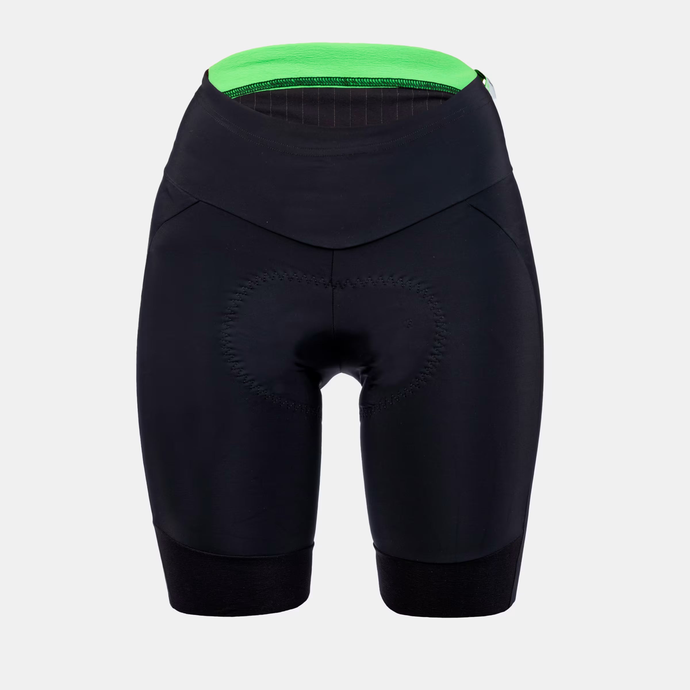 Q36.5 Gregarius Essential Half Shorts - Women's - Black front view with padded seat and wide waistband for cycling comfort