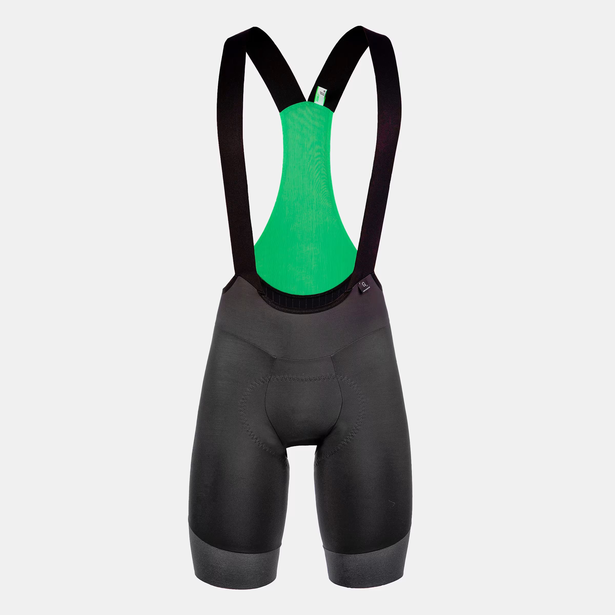 Q36.5 Gregarius Pro Bib Shorts Mod24 - Men's - Black front view with green mesh back panel and ergonomic chamois padding