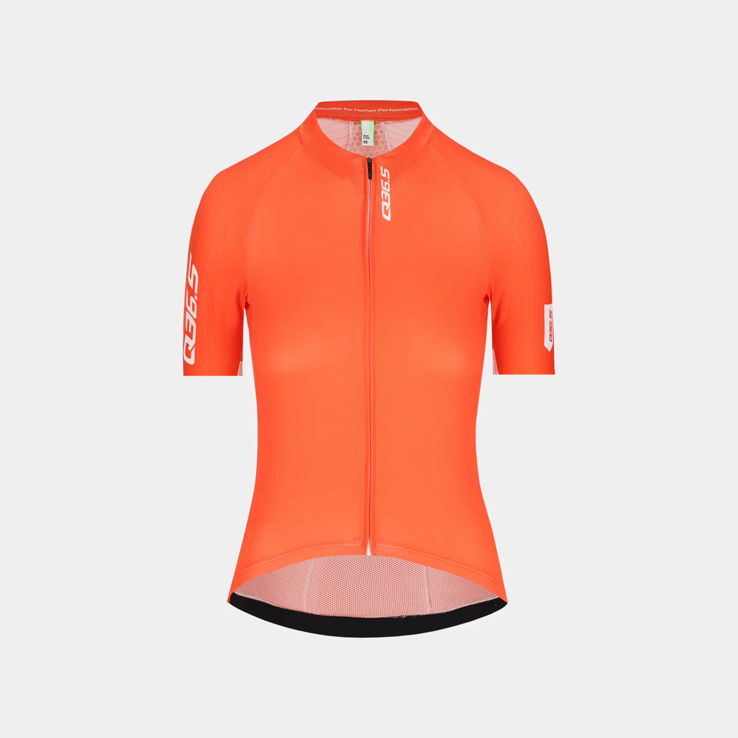 Q36.5 Gregarius Pro Signature Jersey - Women's - Tangerin Red with full front zipper and short sleeves on white background