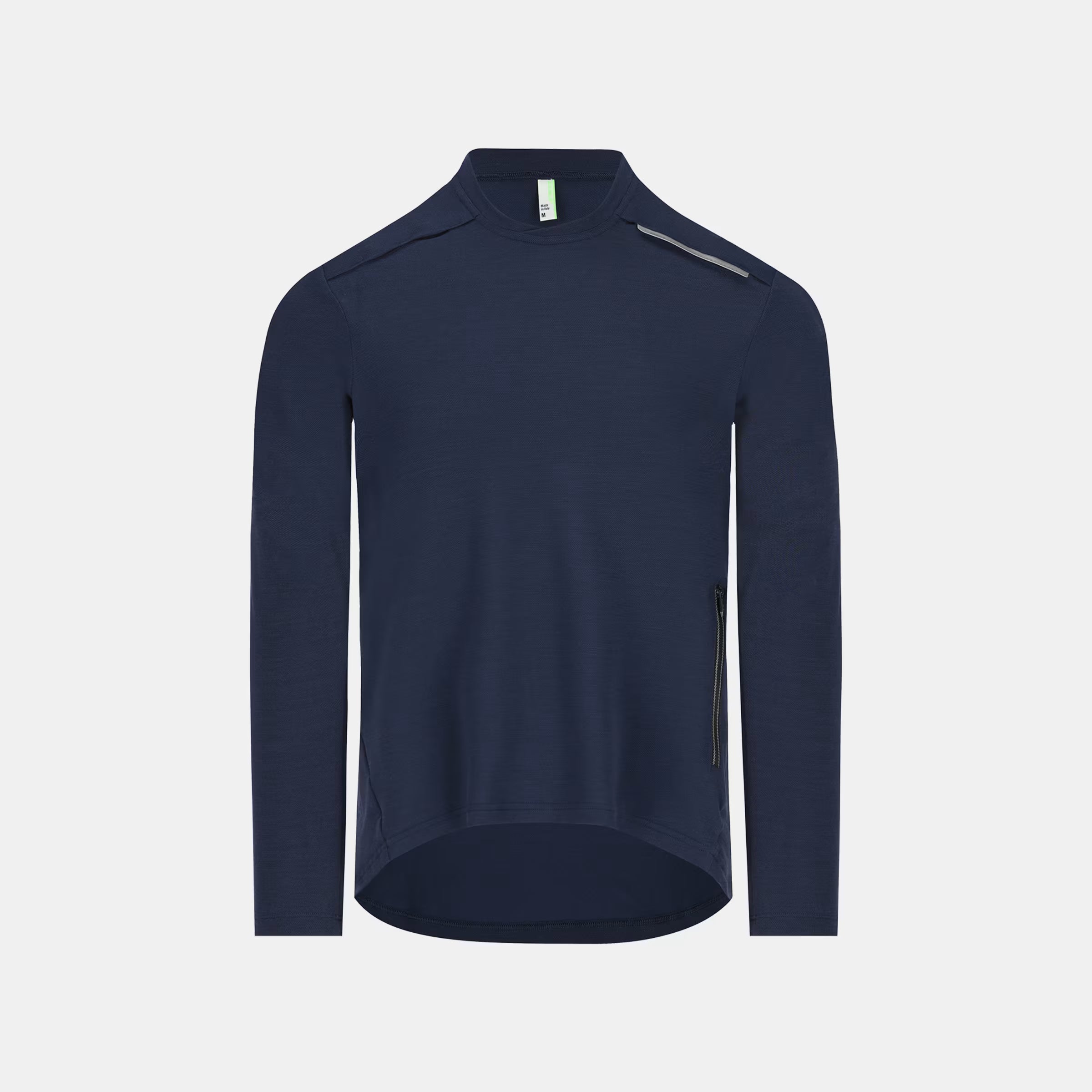 Q36.5 Adventure Tech T-shirt Long Sleeve - Men's - Navy Blue with high collar and side zipper pocket displayed on white background