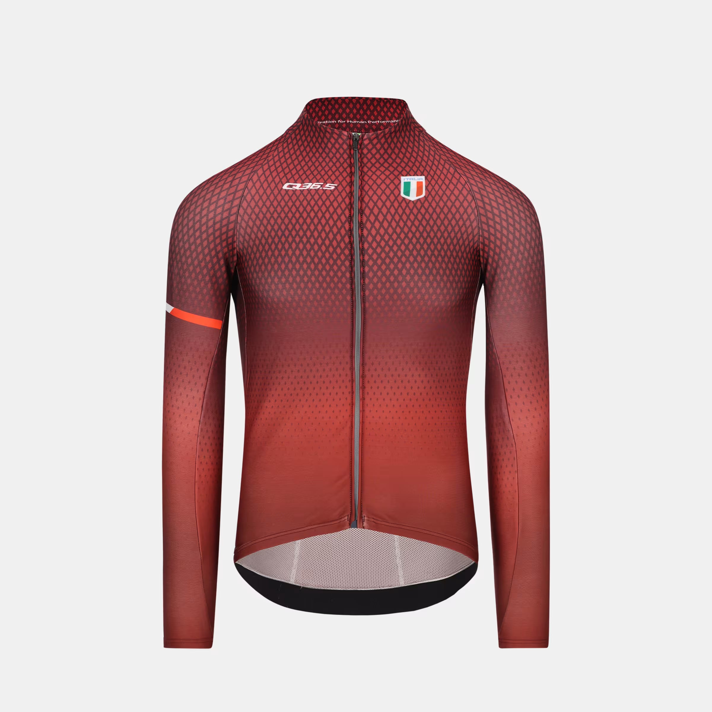 Q36.5 Gregarius Hybrid Made in Italy Long Sleeve Jersey - Men's - Siena Red front view with full zip and textured pattern design