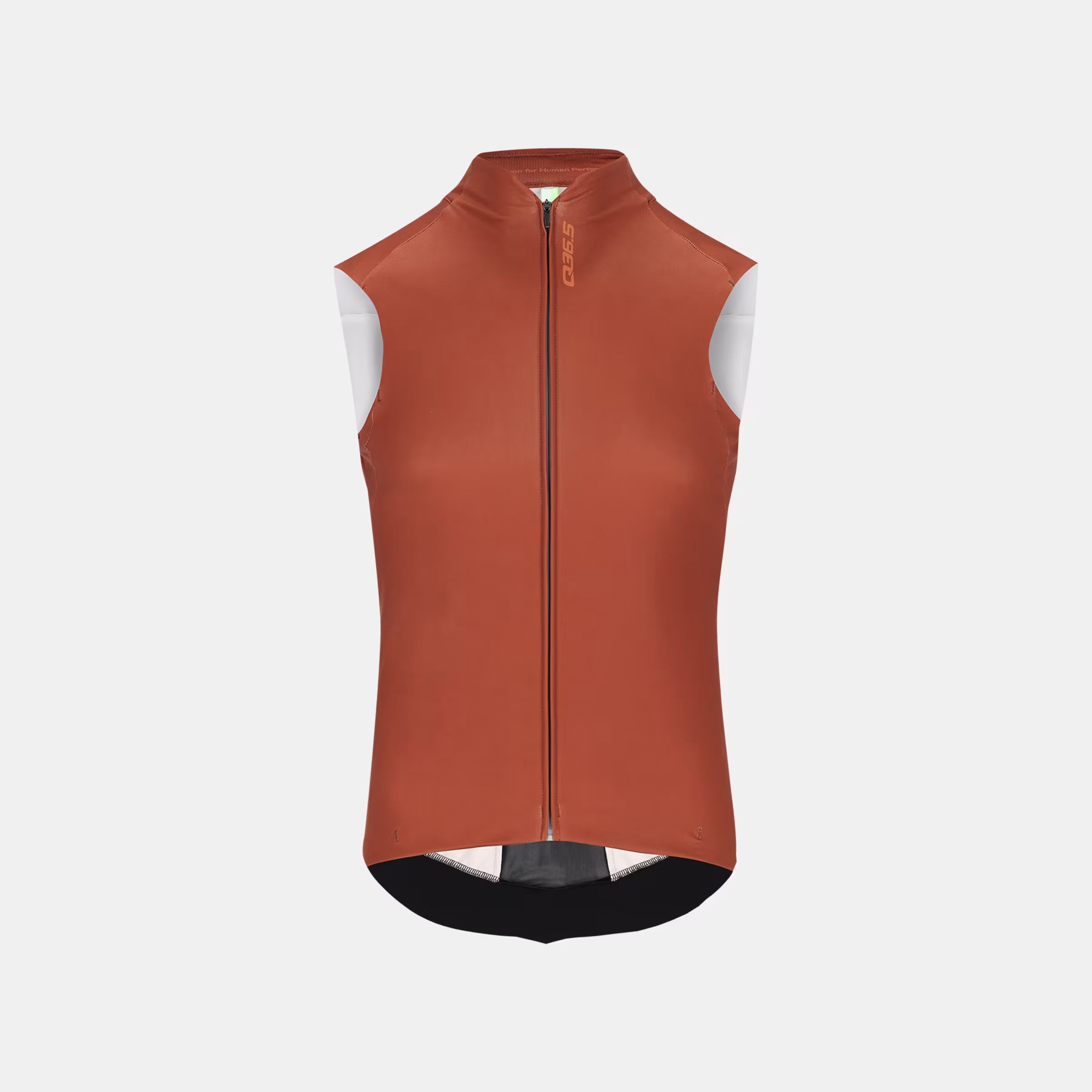 Q36.5 Gregarius Hybrid Vest - Unisex - Brick Red front view showing sleeveless design and full zip closure