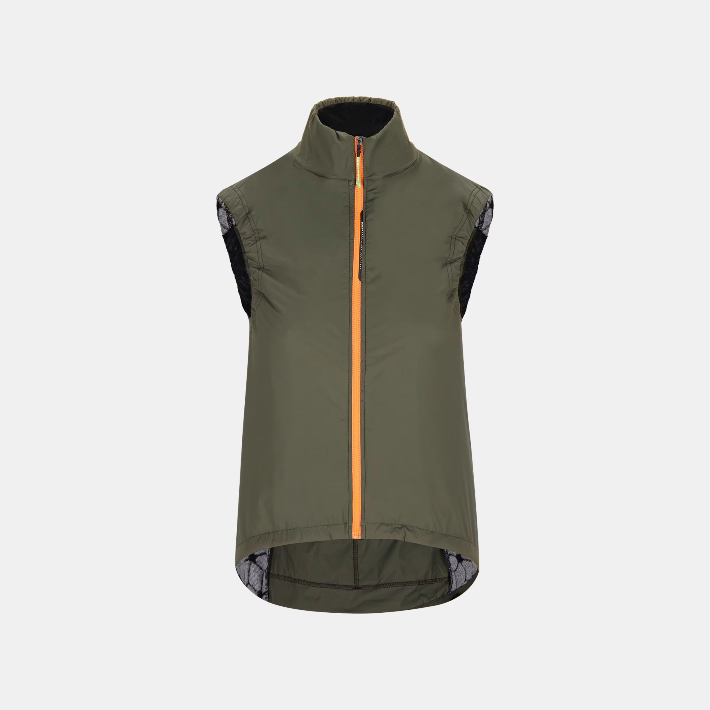 Q36.5 Adventure Vest - Women's - Olive Green front view with high collar and orange zipper detail on sleeveless cycling vest