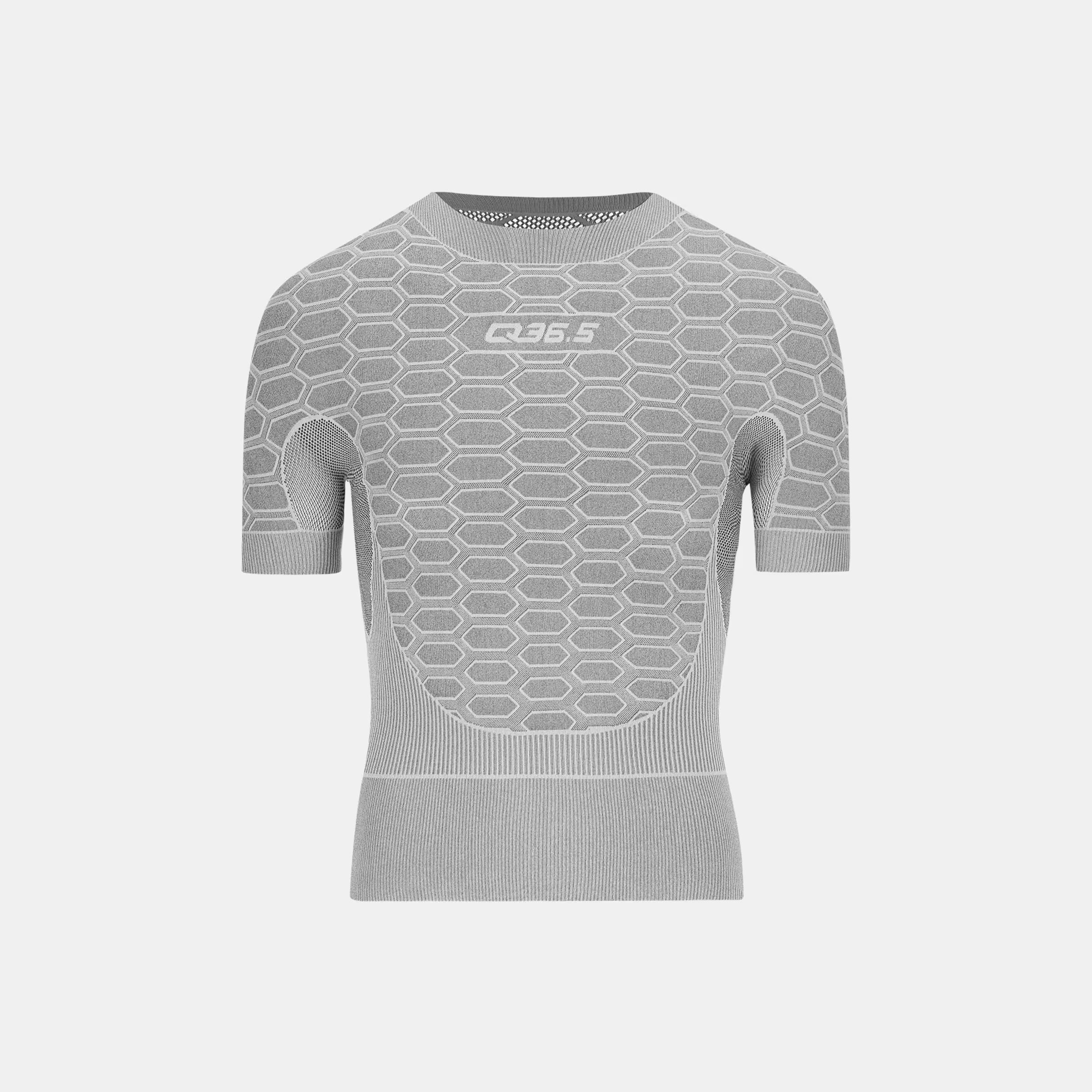 Q36.5 Base Layer 2 Short Sleeve - Olive Green shown front view with seamless hex pattern and fitted short sleeves