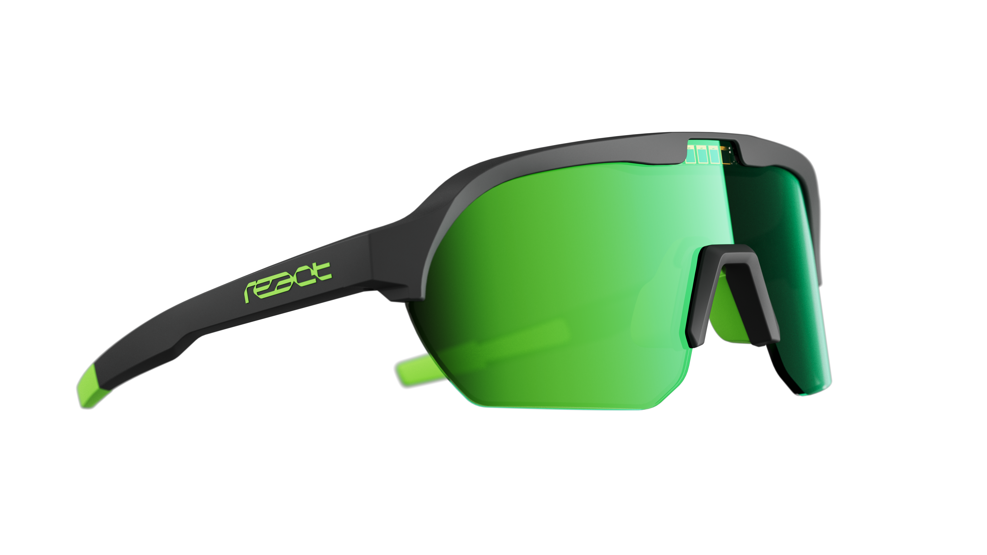 REACT Optray Sunglasses side view with green mirrored lenses and black frame featuring logo on temple arm
