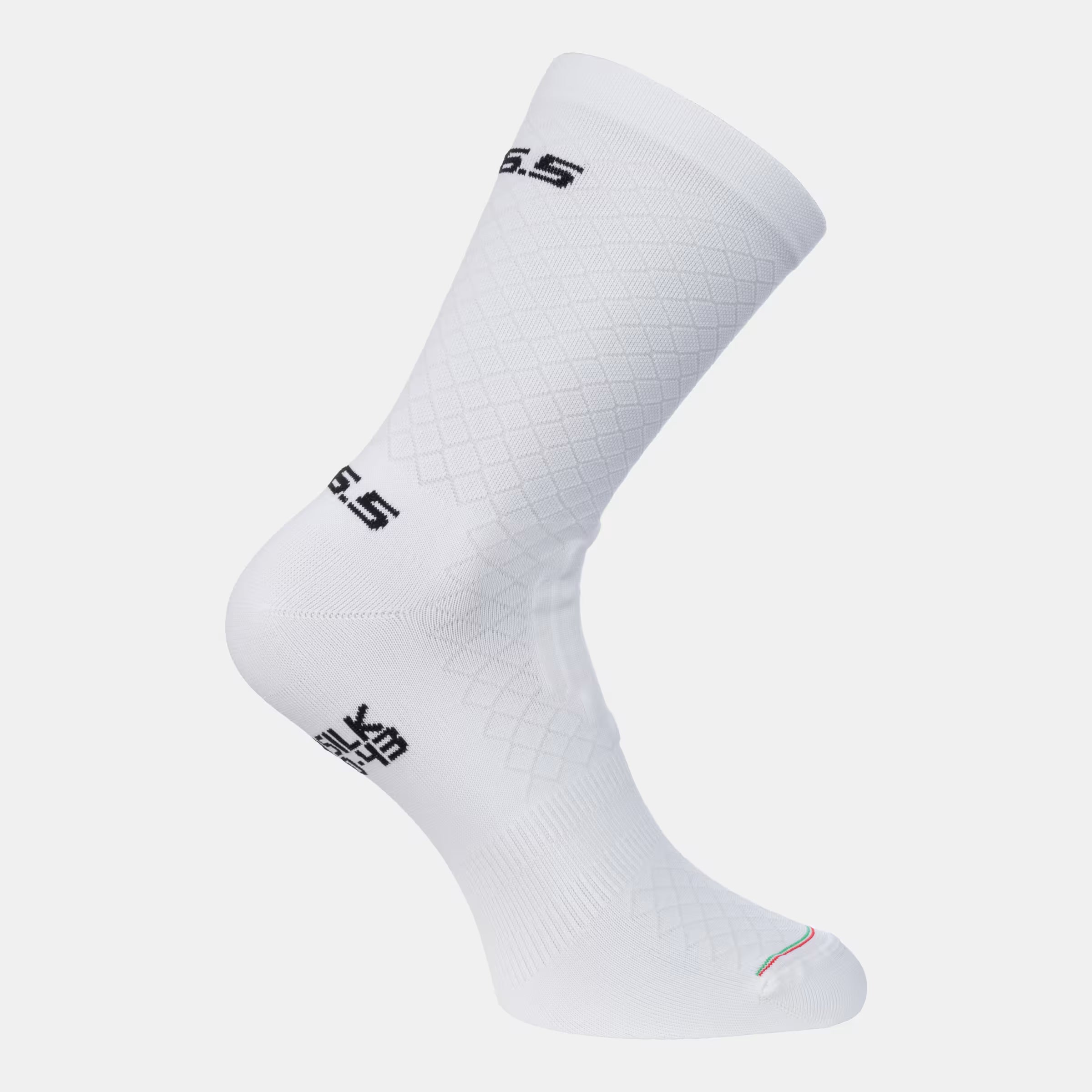 Q36.5 Leggera Socks - White shown in side profile with diamond pattern and branded logo near cuff and heel