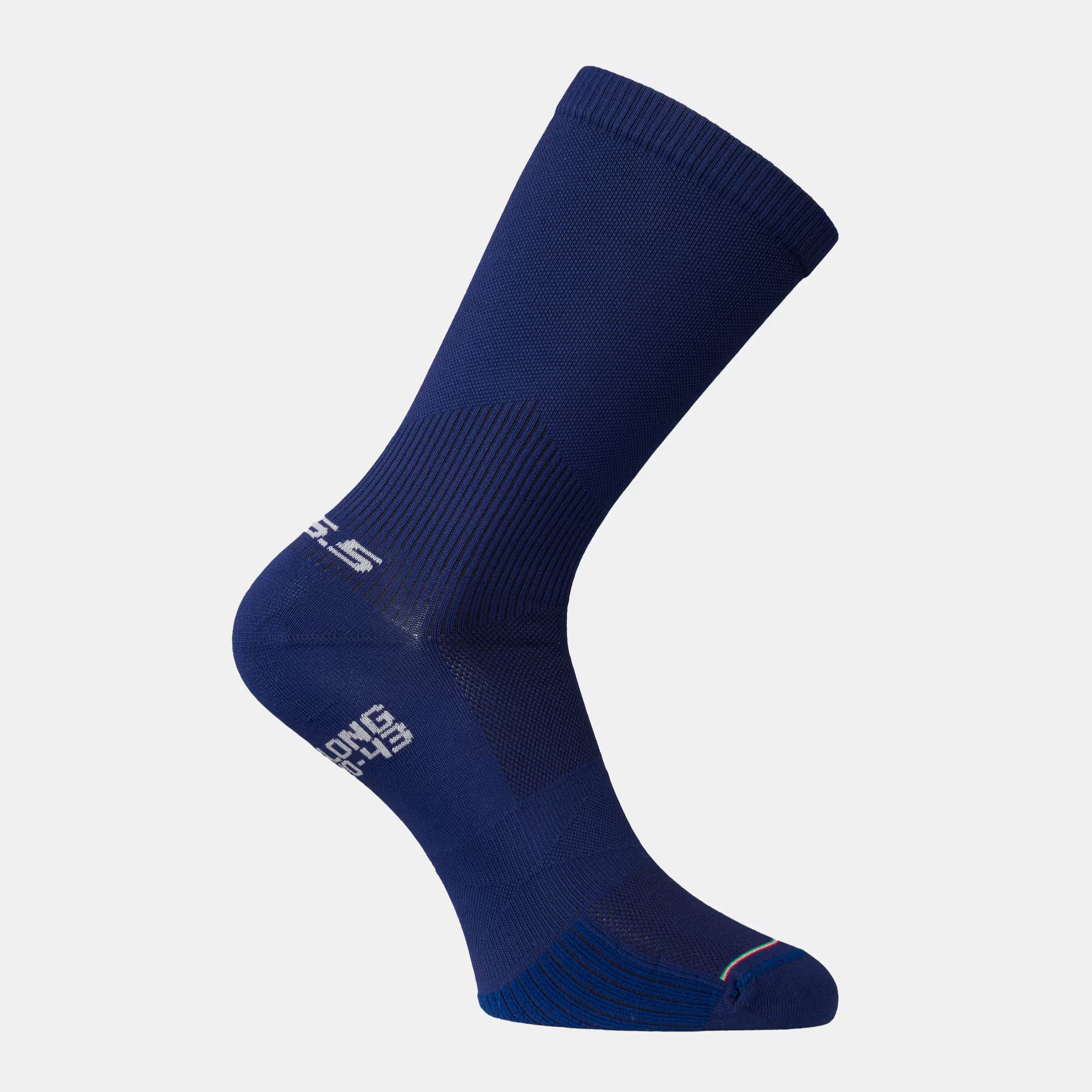 Q36.5 Ultra Long Socks - Navy Blue with ribbed cuff and reinforced heel designed for cycling performance and comfort
