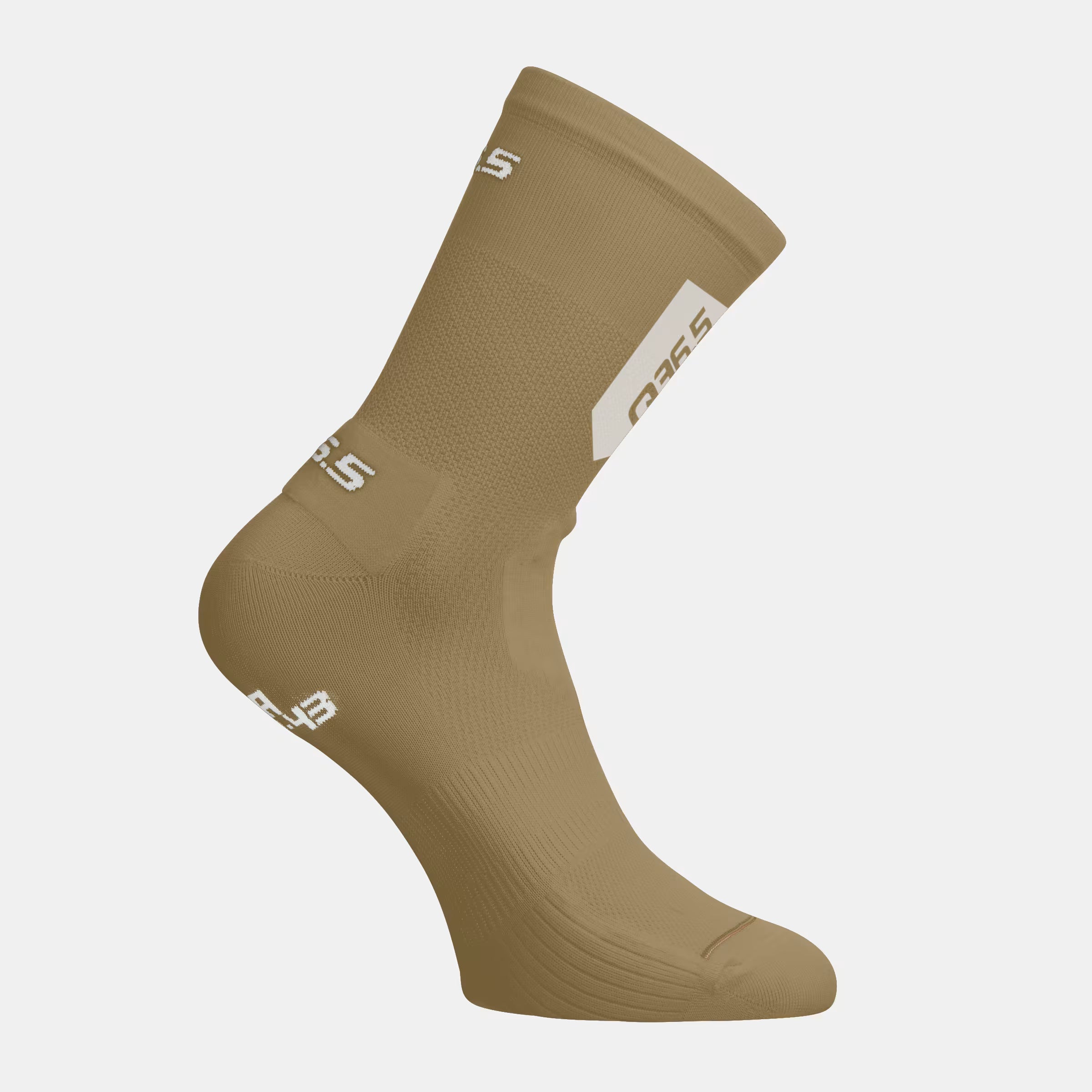 Side view of Q36.5 Ultra Socks - Gold showing seamless knit and branded logos on ankle and foot area