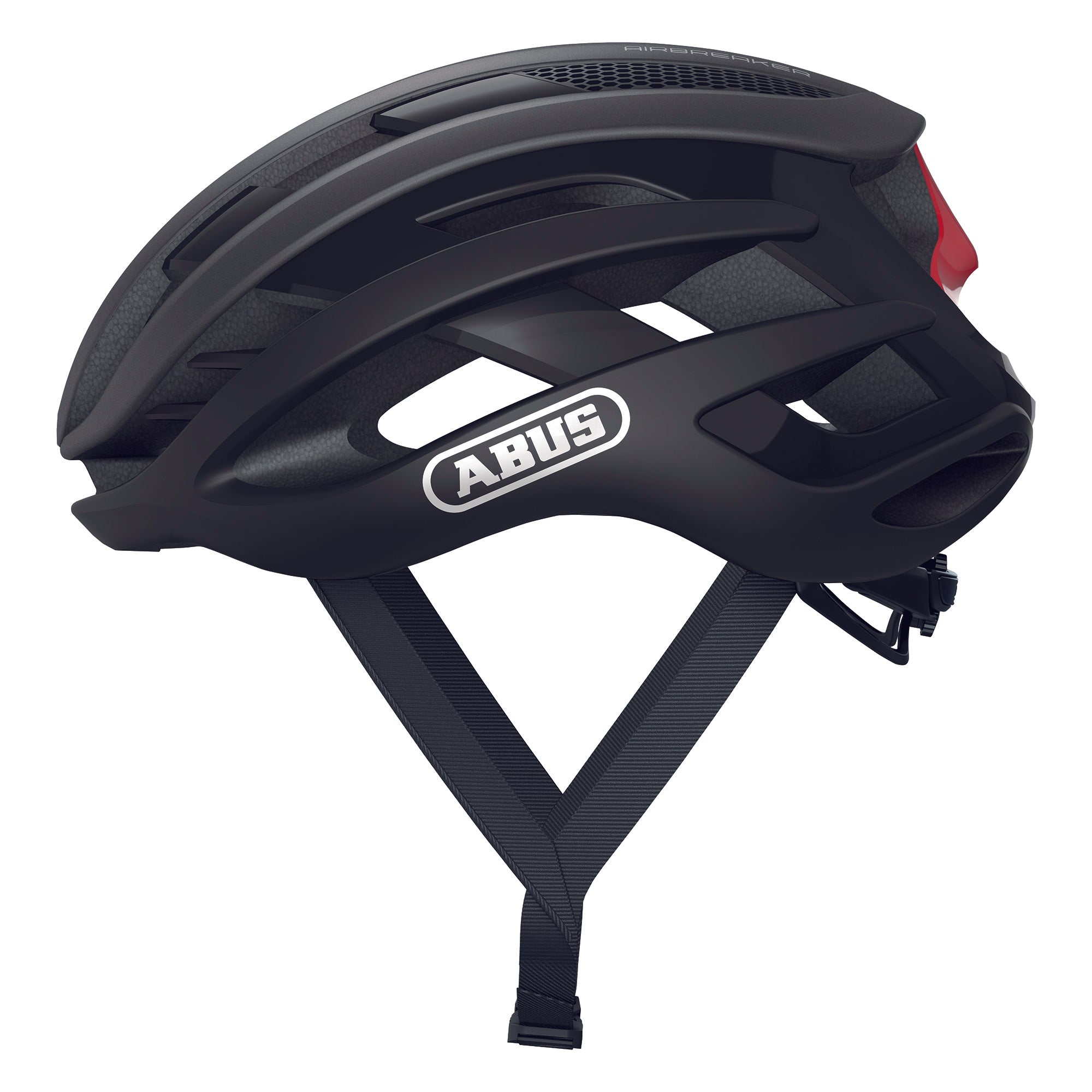 Side view of ABUS AirBreaker Helmet in black with ventilation channels and adjustable chin strap for cycling safety