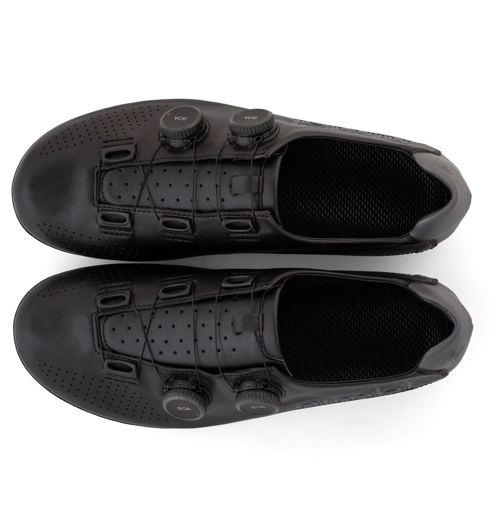Top view of Nimbl EXCEED cycling shoes in black with dual dial closures and perforated upper for breathability.