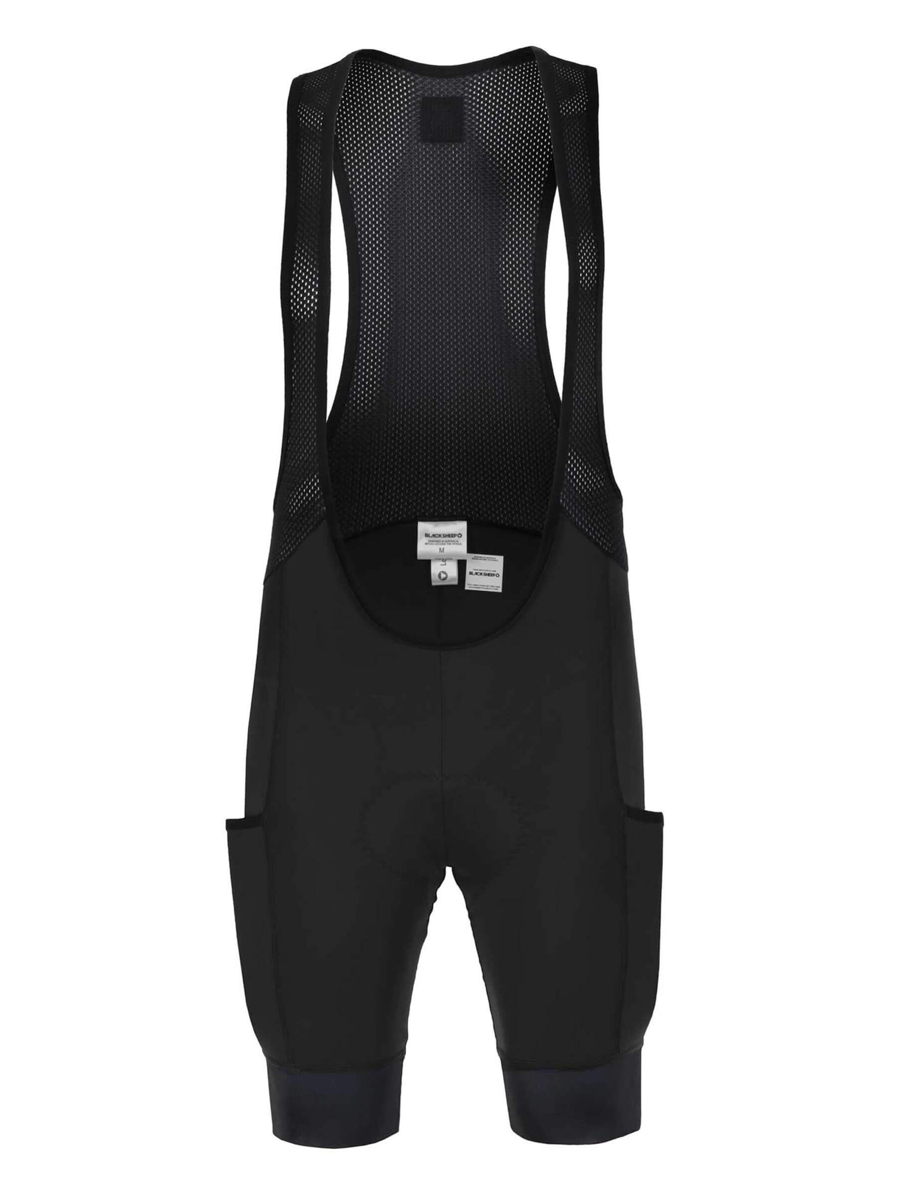 Black Sheep Cycling ADV Cargo Bib Shorts - Men's front view showing breathable mesh straps and cargo pockets on black cycling shorts