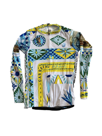 Front view of Ostroy Carretto Lightweight Long-Sleeve Jersey for women, featuring vibrant geometric patterns and folk art-inspired designs in bold colors.