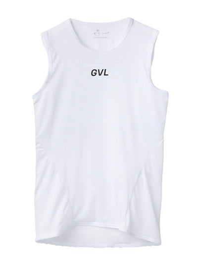 White sleeveless GVL base layer top on a white background.