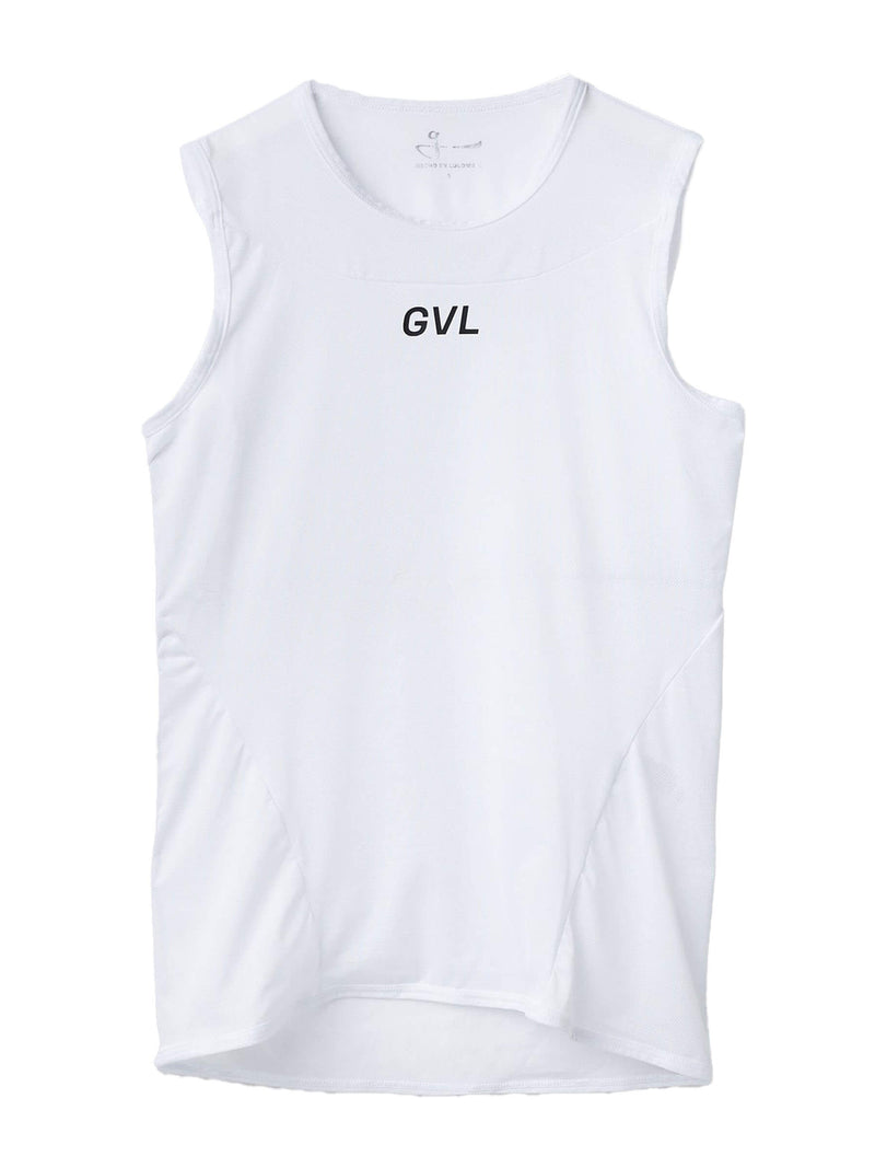 White sleeveless GVL base layer top on a white background.