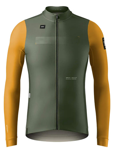 Men's Superhyder Fowler jersey, wind-resistant front panel, mustard sleeves, for cool weather cycling.