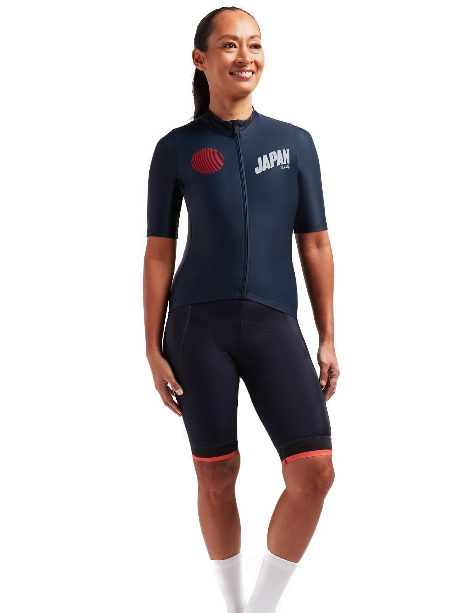 Woman wearing Black Sheep Cycling Women's Essentials TEAM Jersey - LTD Japan with Japan and red circle design on navy background