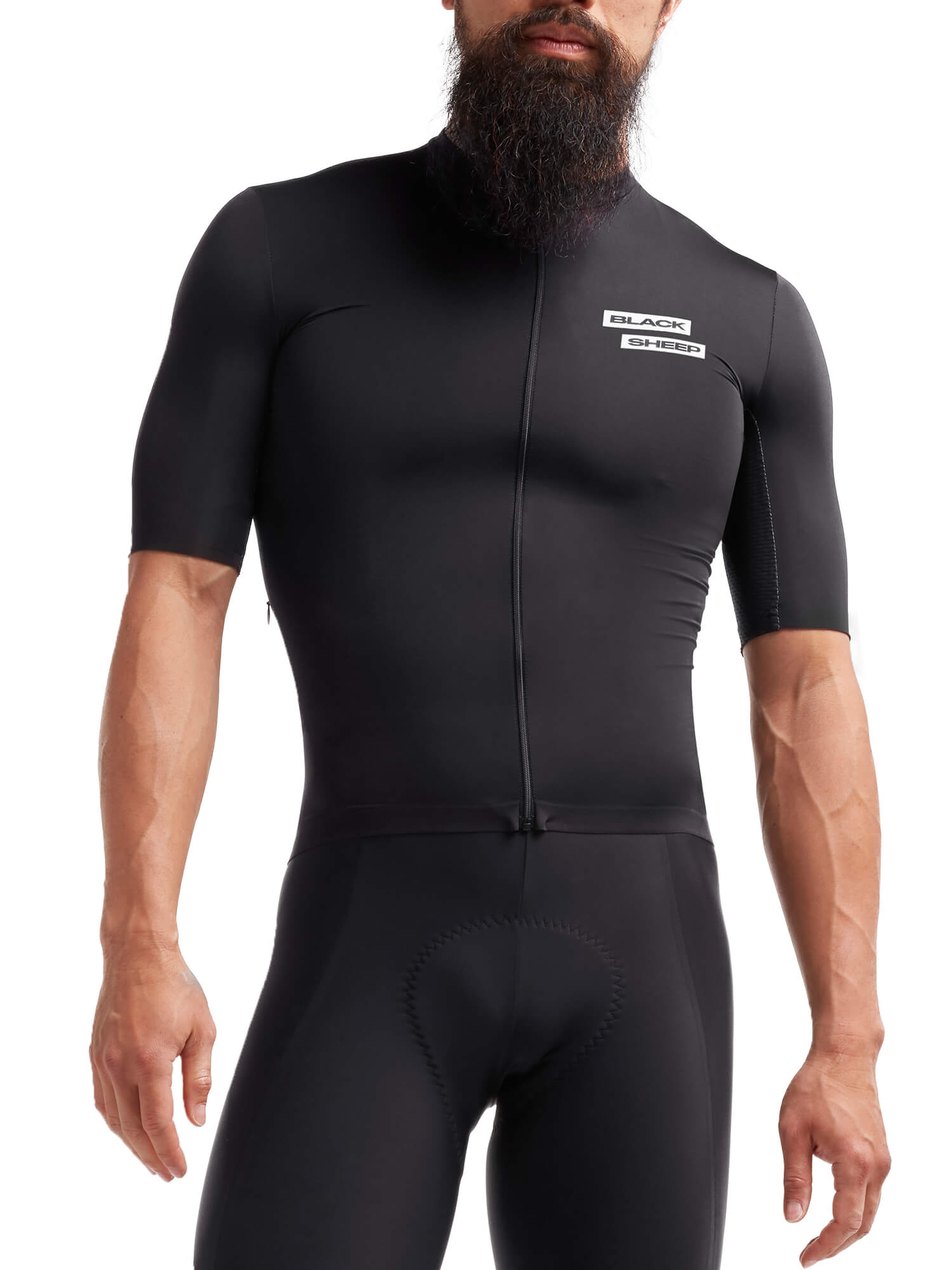 Man wearing Black Sheep Cycling Racing Aero Jersey - Men's designed for reduced drag and enhanced aerodynamics.