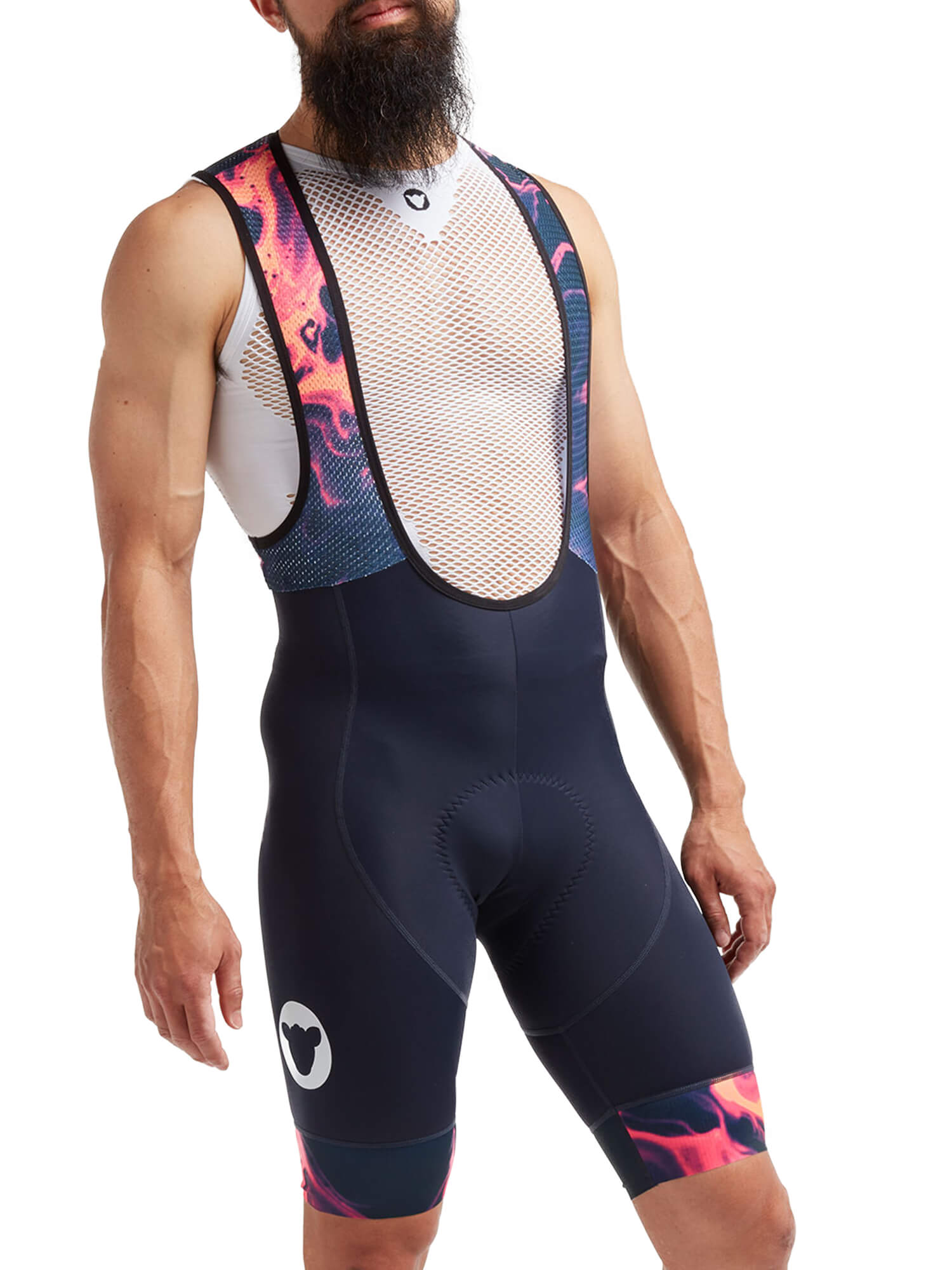 Black Sheep Cycling Men's Essentials TOUR Bib - LTD Neon Supernova worn by cyclist showing neon cyber punk design and deep cuff