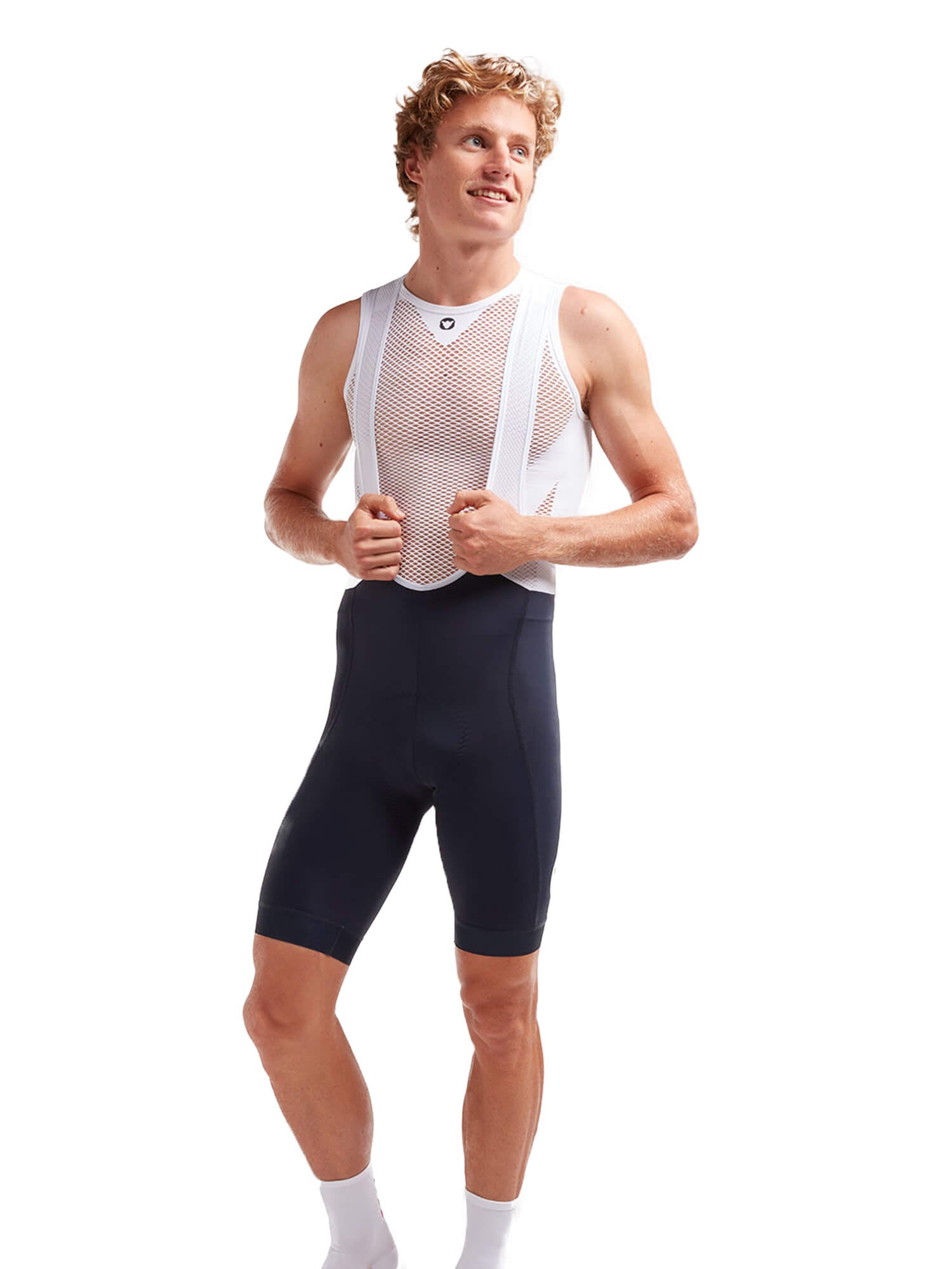 Male model wearing Black Sheep Cycling Essentials TEAM Bib - Men's with a white mesh upper and black shorts.