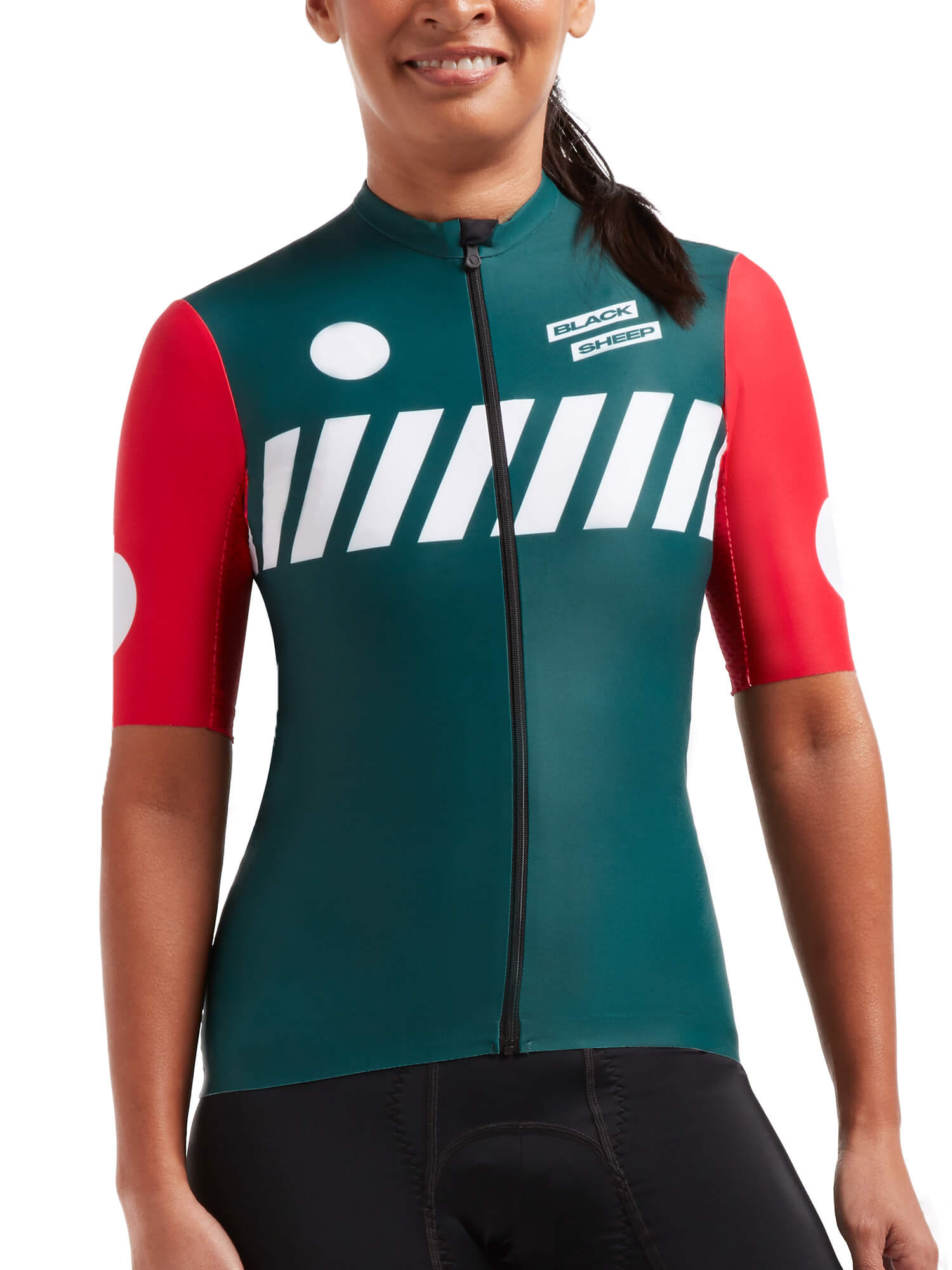 Black Sheep Cycling Women's Grand Prix LuxLite Jersey in green with red sleeves and white graphic design details