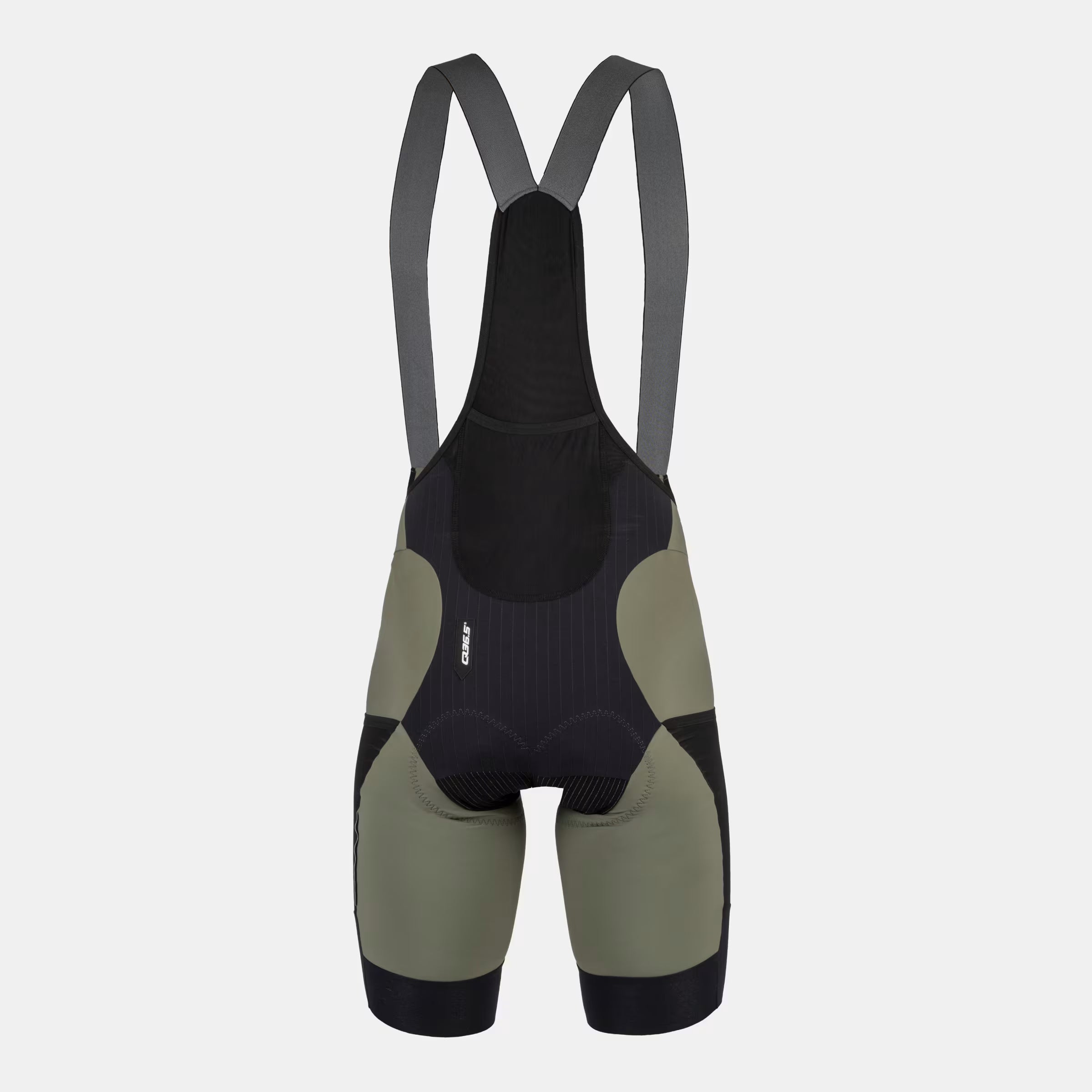 Q36.5 Adventure Cargo Bib Shorts - Men's - Olive Green showing back mesh panel and ergonomic fit with suspenders