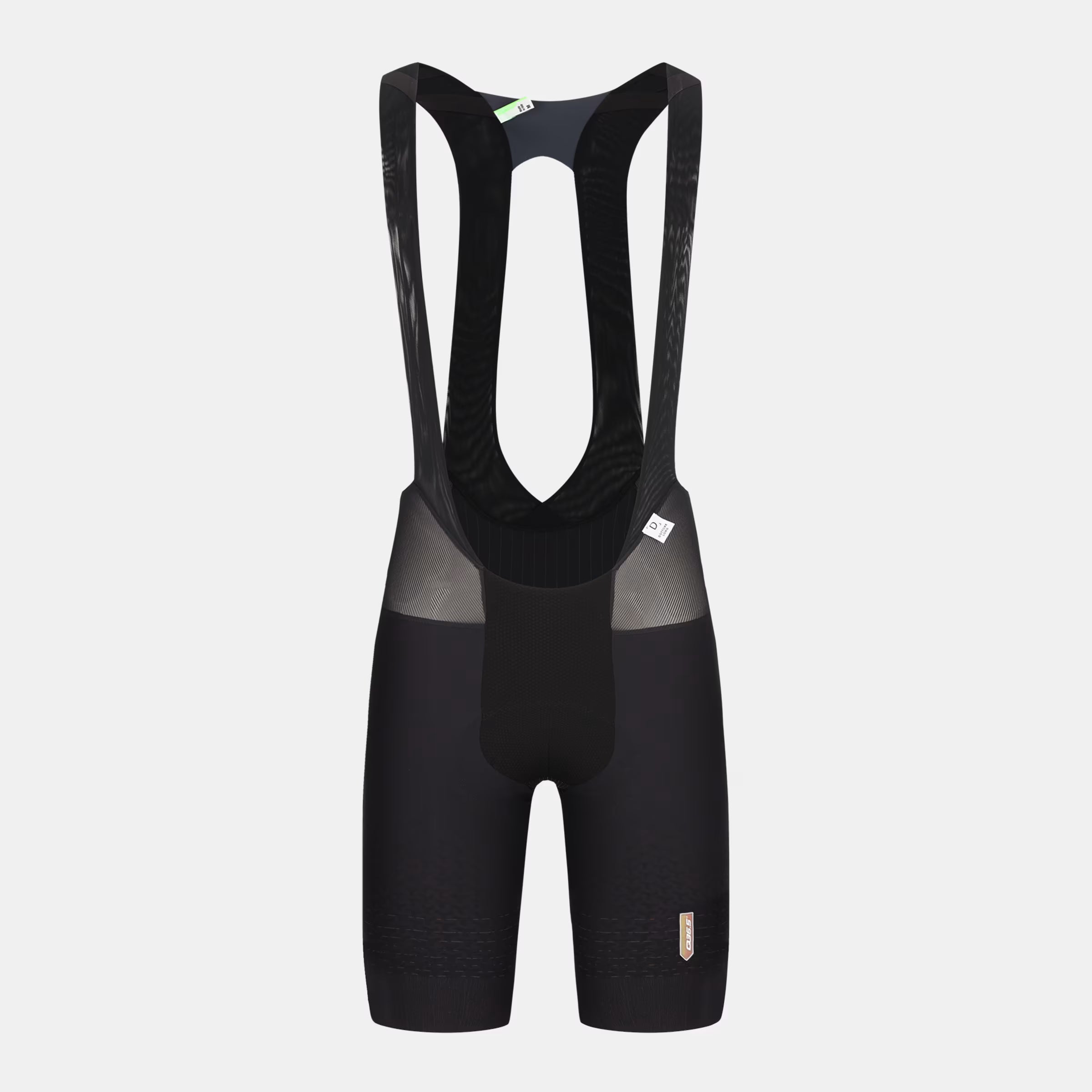 Q36.5 Dottore Clima Extra Long Leg Bib Shorts - Men's - Black front view showing mesh straps and extended leg length