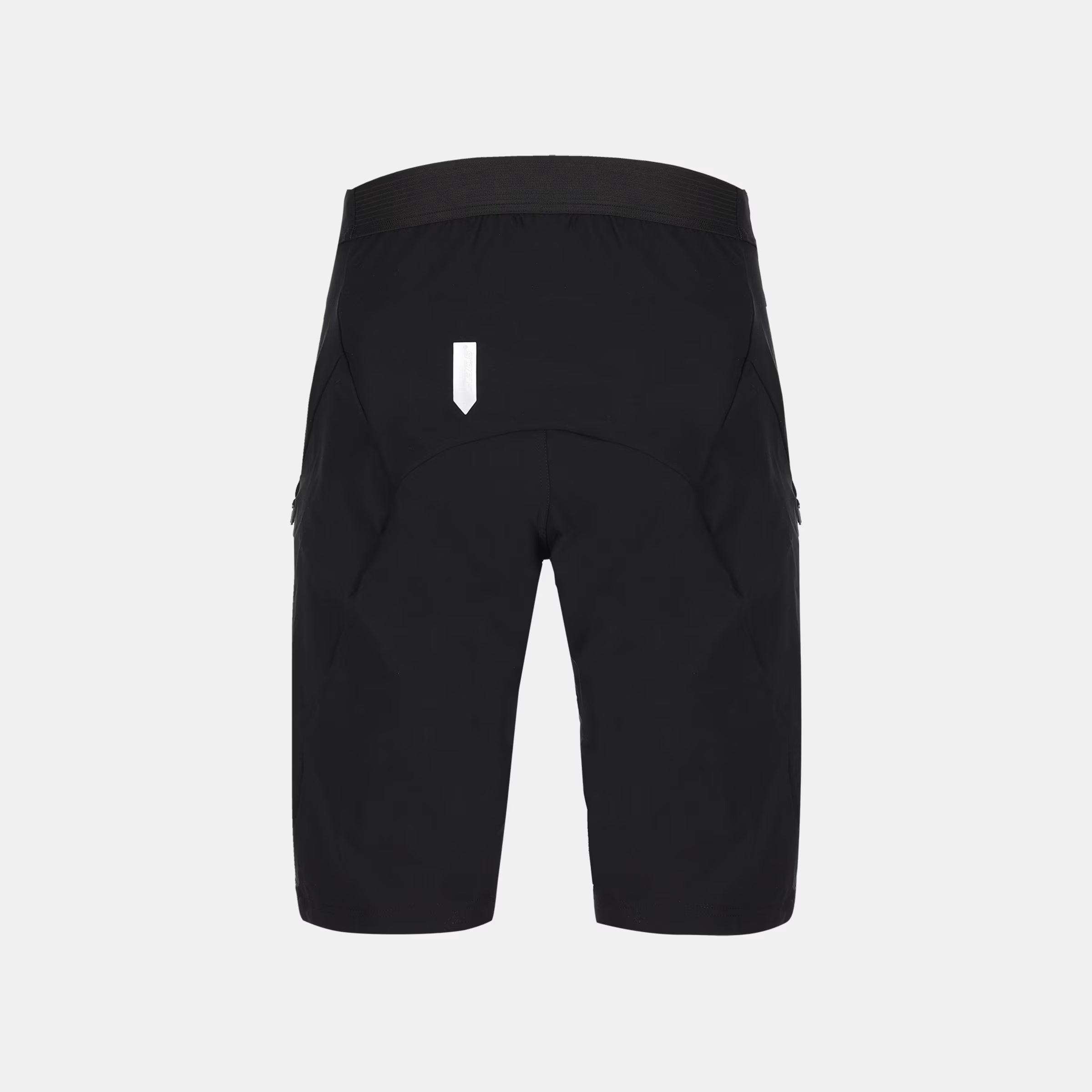 Back view of Q36.5 Adventure Baggy Shorts - Men's - Black showing sleek design and reflective detail at waistband