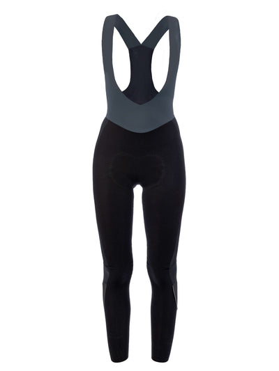 Front view of Q36.5 Winter Bib Tights suspended in the air, emphasizing the tailored fit for women and the technical chamois design.