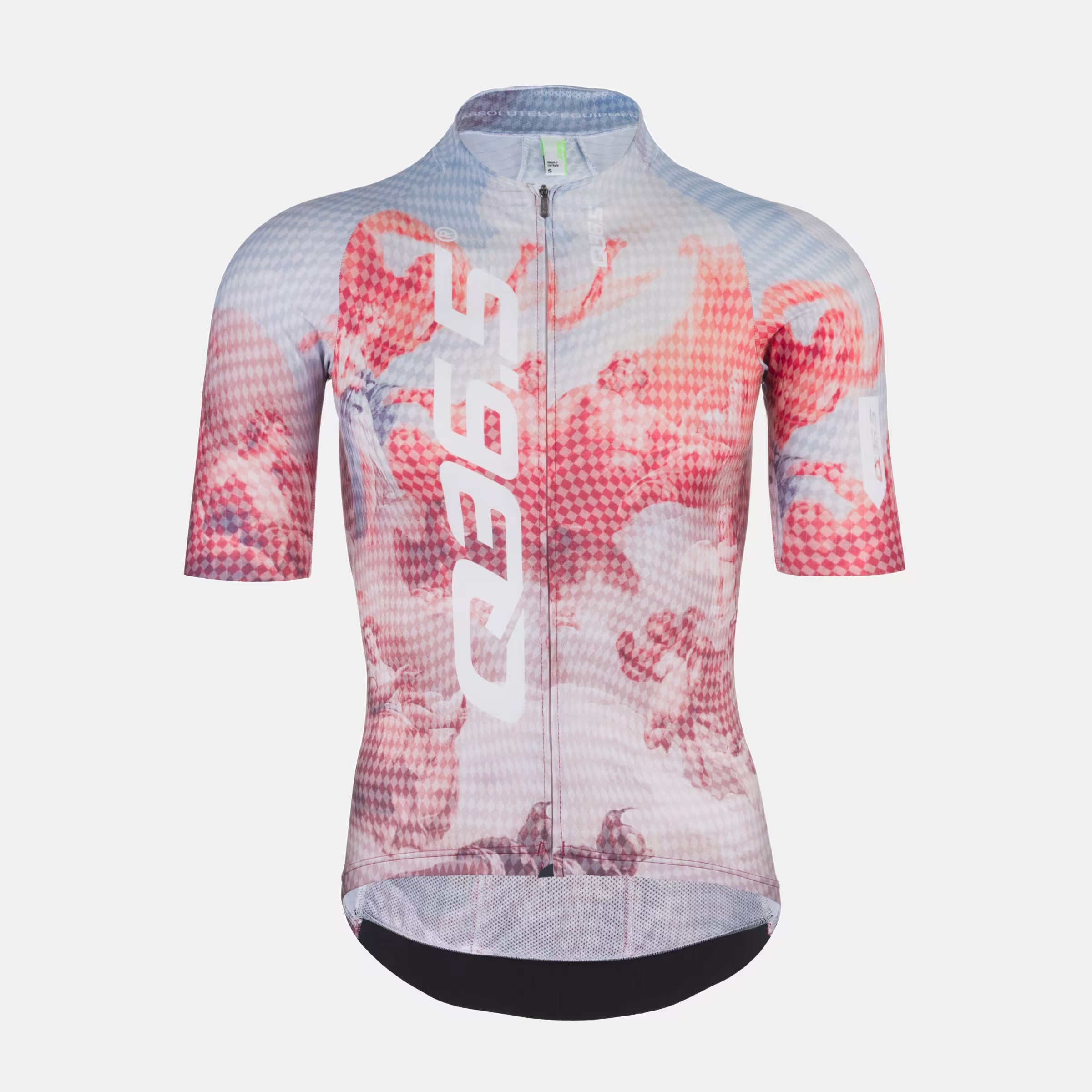 Q36.5 Gregarius Pro Fresco Jersey - Men's - Fresco front view showing short sleeves and full zipper in red and white pattern