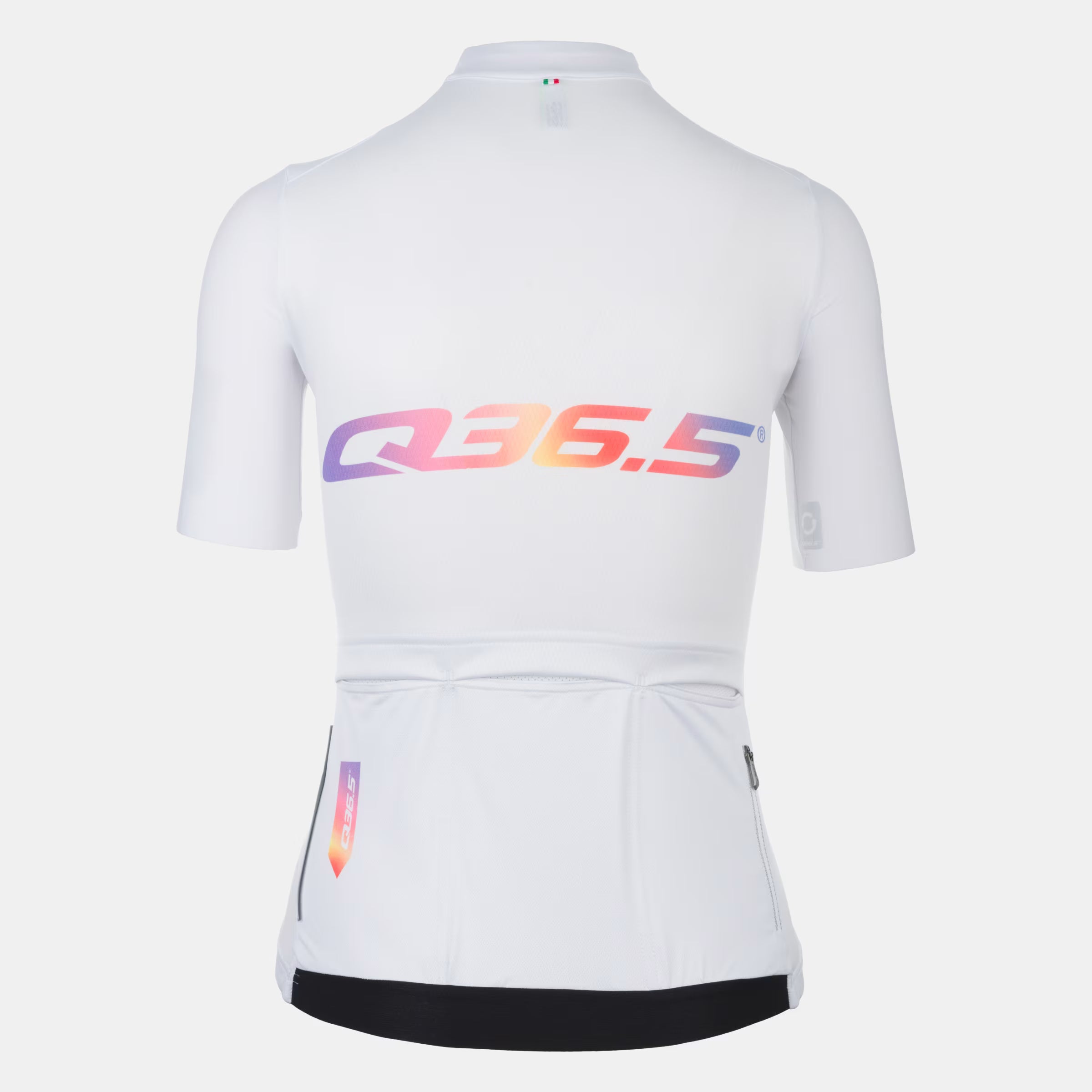 Back view of Q36.5 Gregarius Pro Signature Jersey - Women's - Arcobaleno White with gradient logo and rear pockets visible