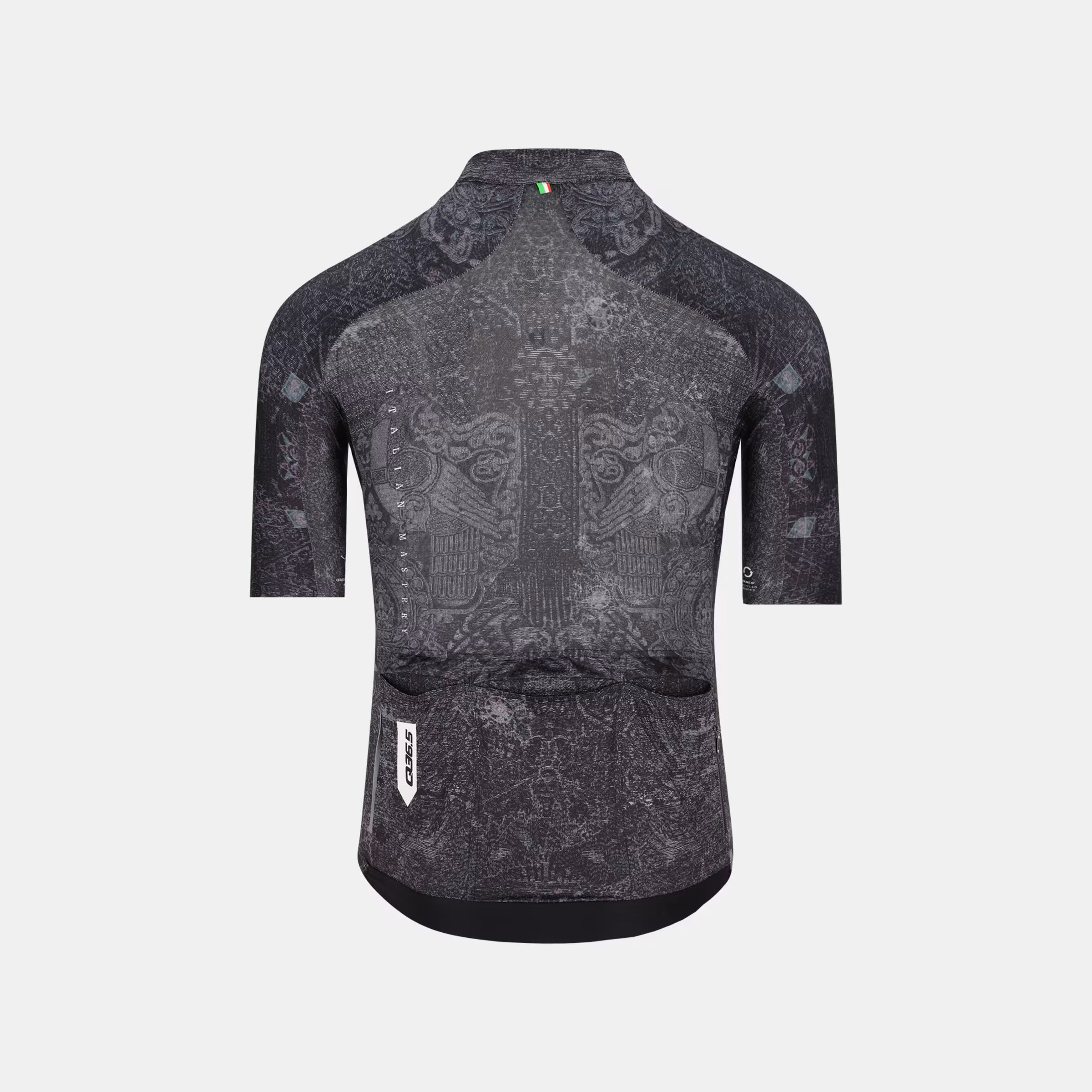 Back view of Q36.5 Gregarius Pro Damask Jersey - Men's - Damask Black showing detailed pattern and rear pockets