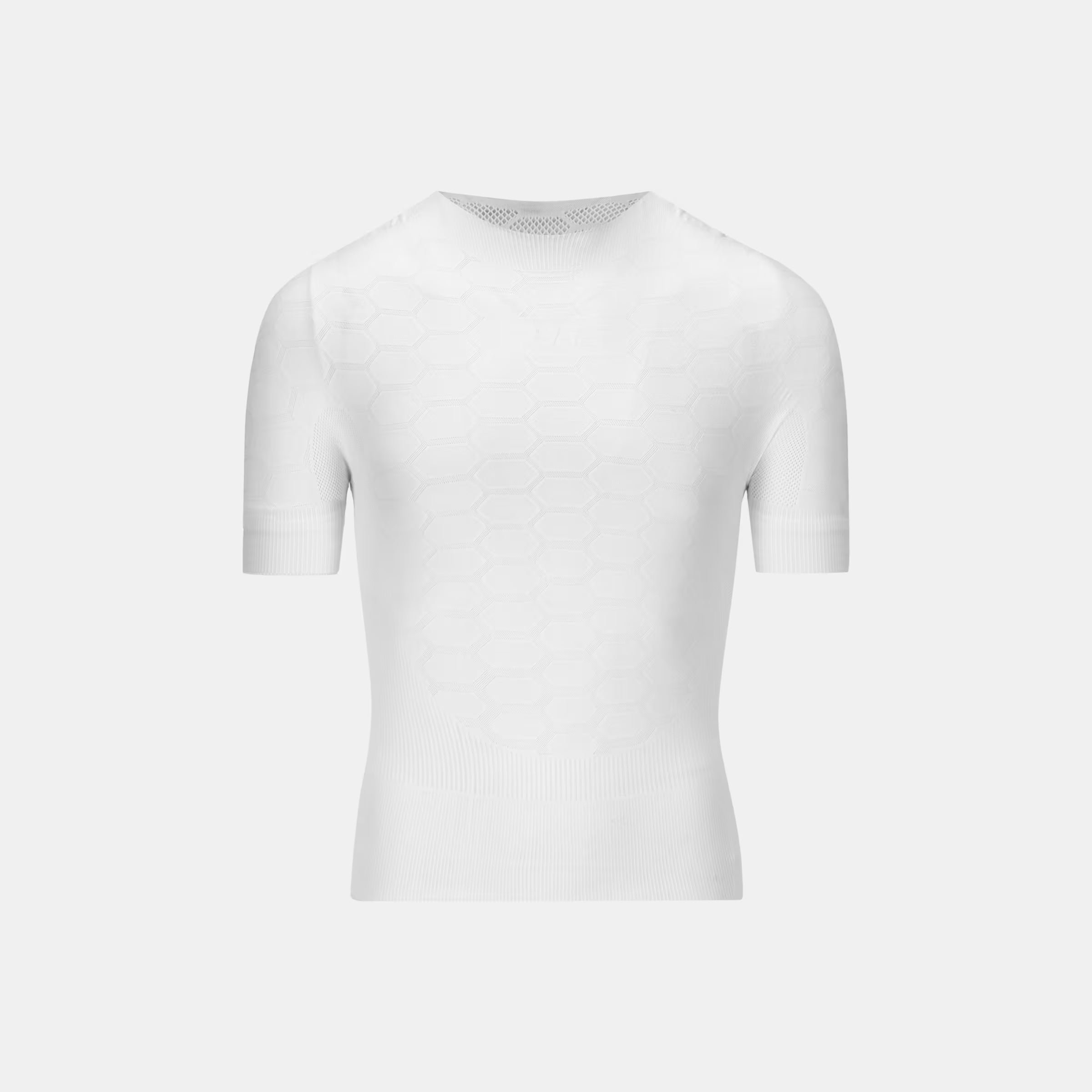 Q36.5 Base Layer 2 Short Sleeve - White front view showing lightweight breathable fabric with subtle hex pattern design
