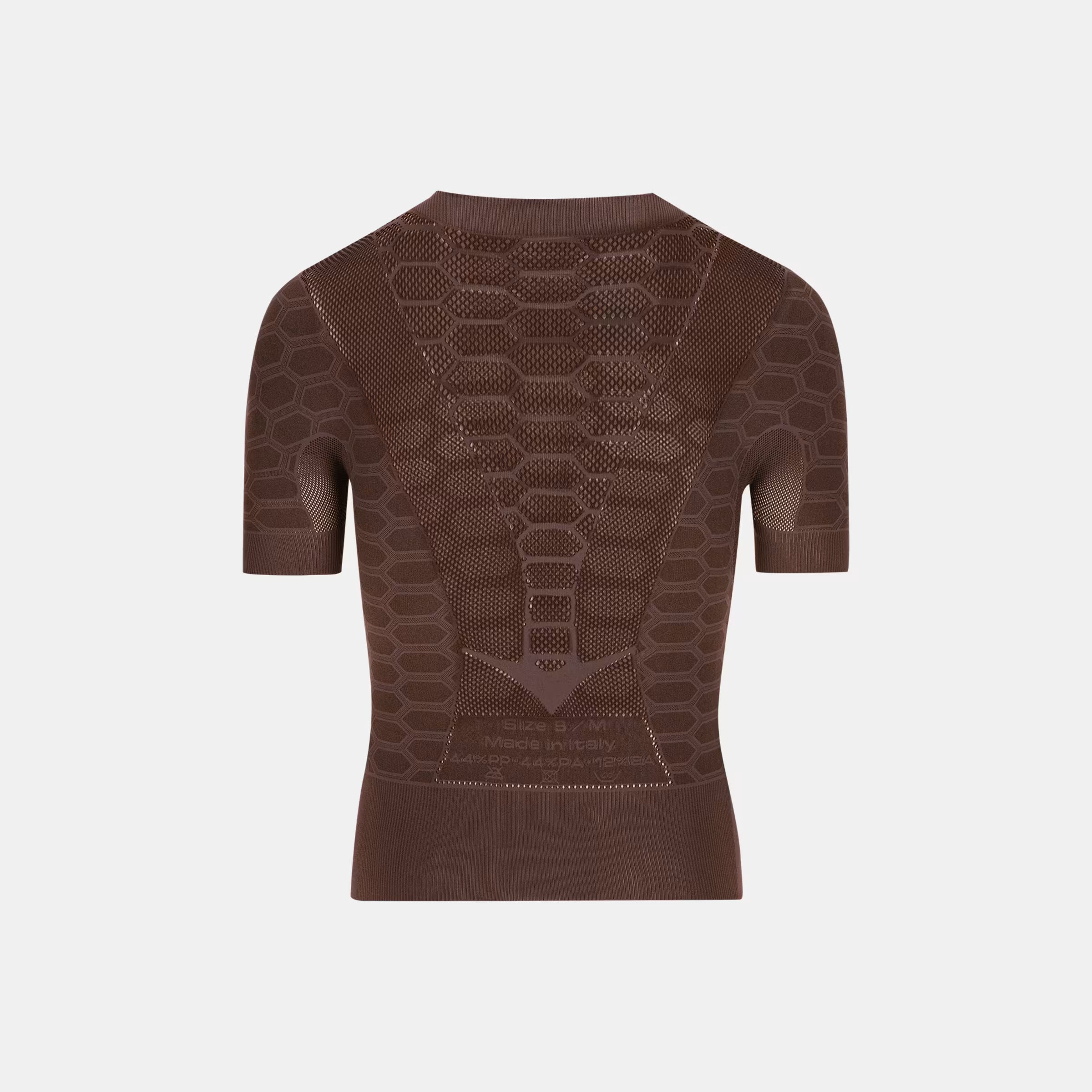 Back view of Q36.5 Base Layer 2 Short Sleeve - Brownie Brown with textured, breathable fabric design