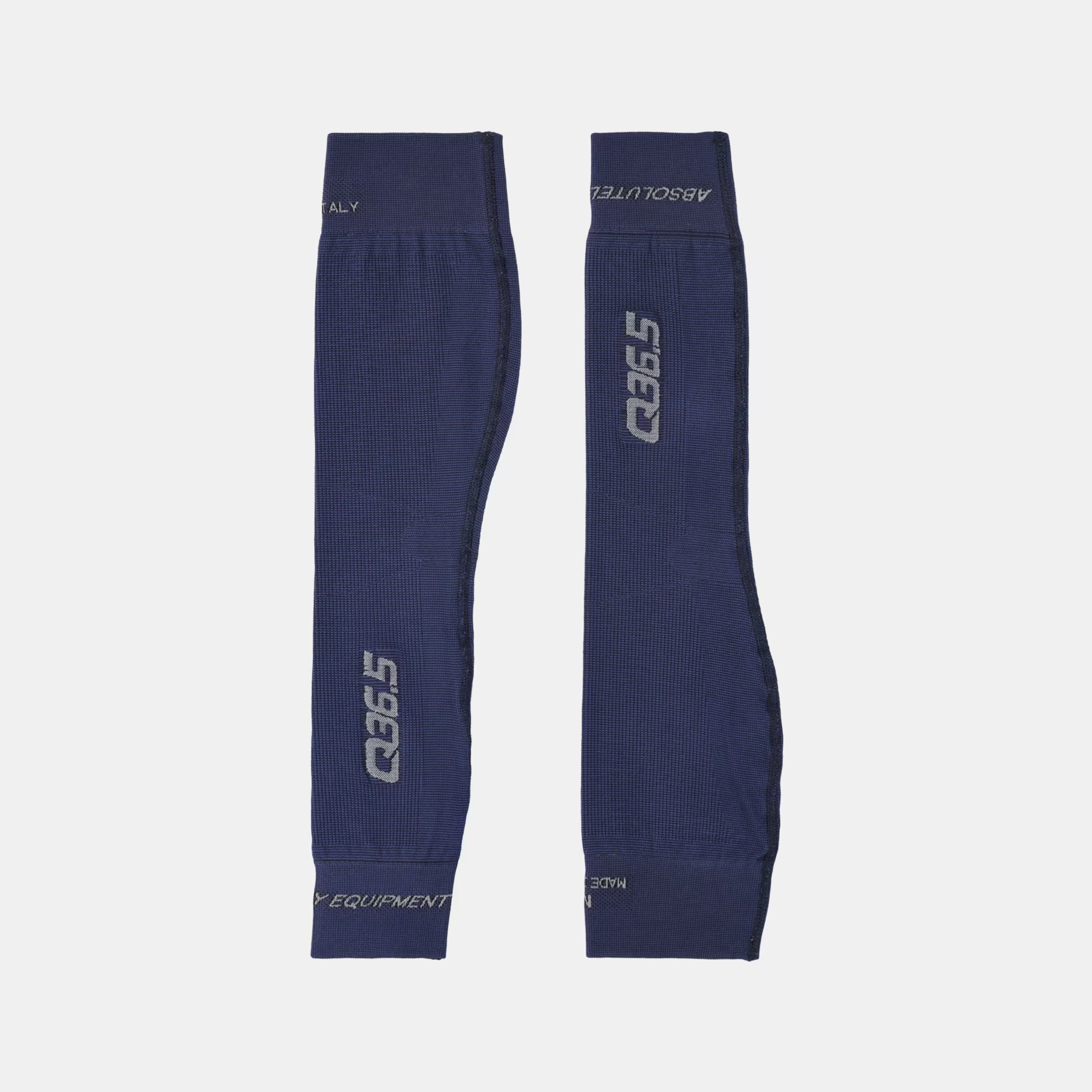 Q36.5 Sun&Air Arm Cover - Navy Blue shown flat with printed logos and stretch fabric for sun protection and breathability