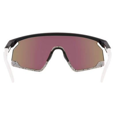 Oakley BXTR Prizm sunglasses with a black frame, white earstems, and blue-to-purple gradient lenses.