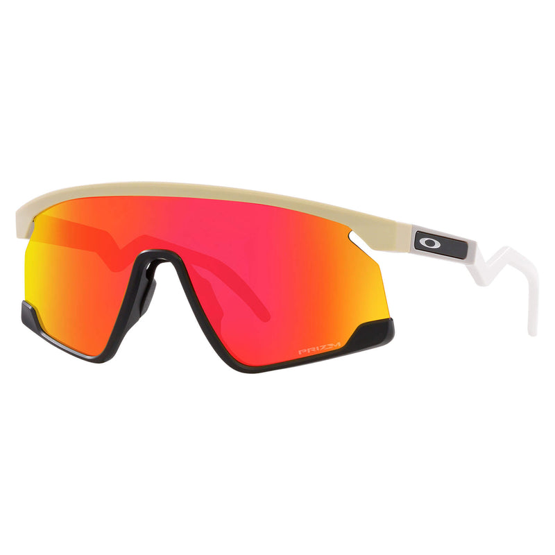 Oakley BXTR Prizm sunglasses with a beige frame, white earstems, and red-to-yellow gradient lenses.