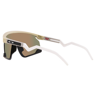 Oakley BXTR Prizm sunglasses with a beige frame, white earstems, and red-to-yellow gradient lenses.
