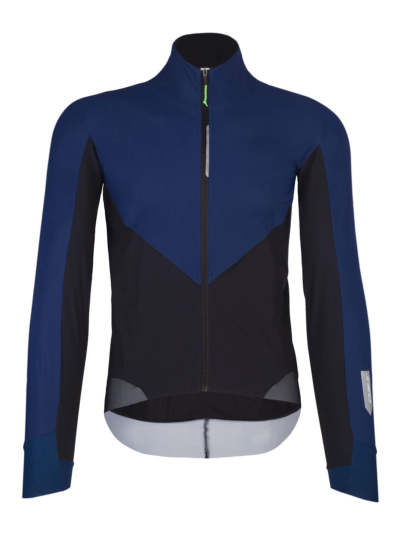 Front view of the Q36.5 Bat Shell Long Sleeve Jersey in blue, featuring a high collar, weatherproof zipper, and strategic paneling for fit and comfort.