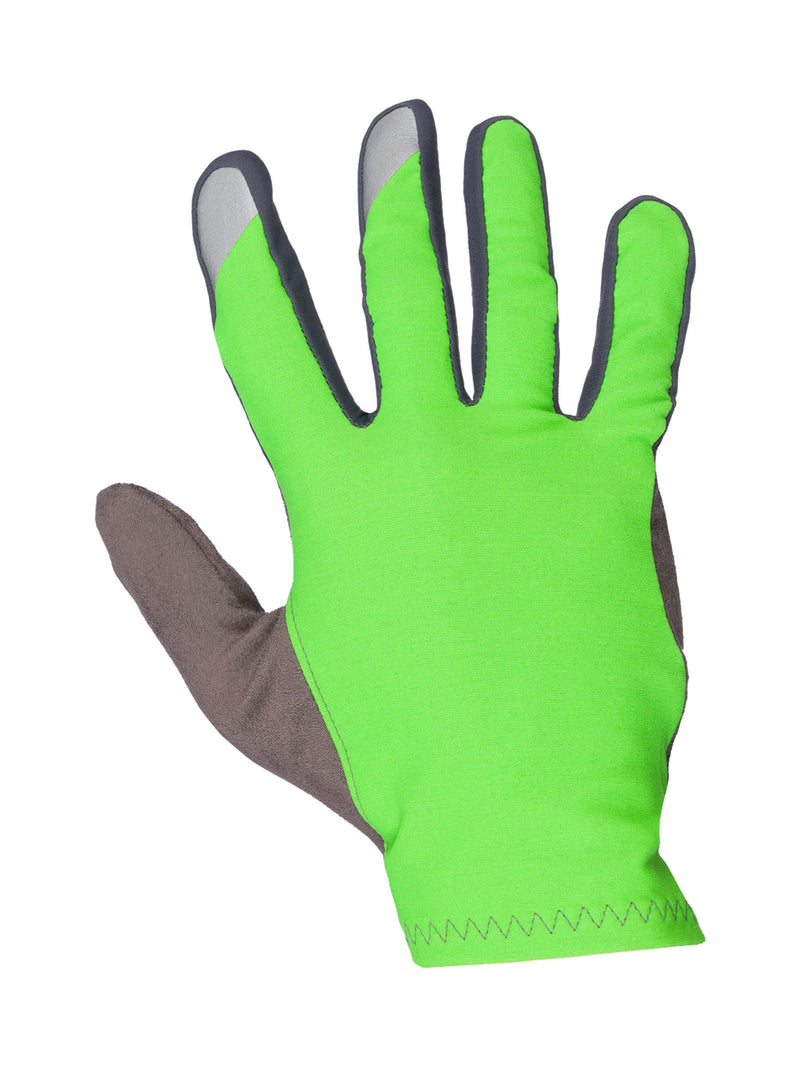 Q36.5 Hybrid Que X Green and gray cycling glove designed for warmth, with water-resistant shell.