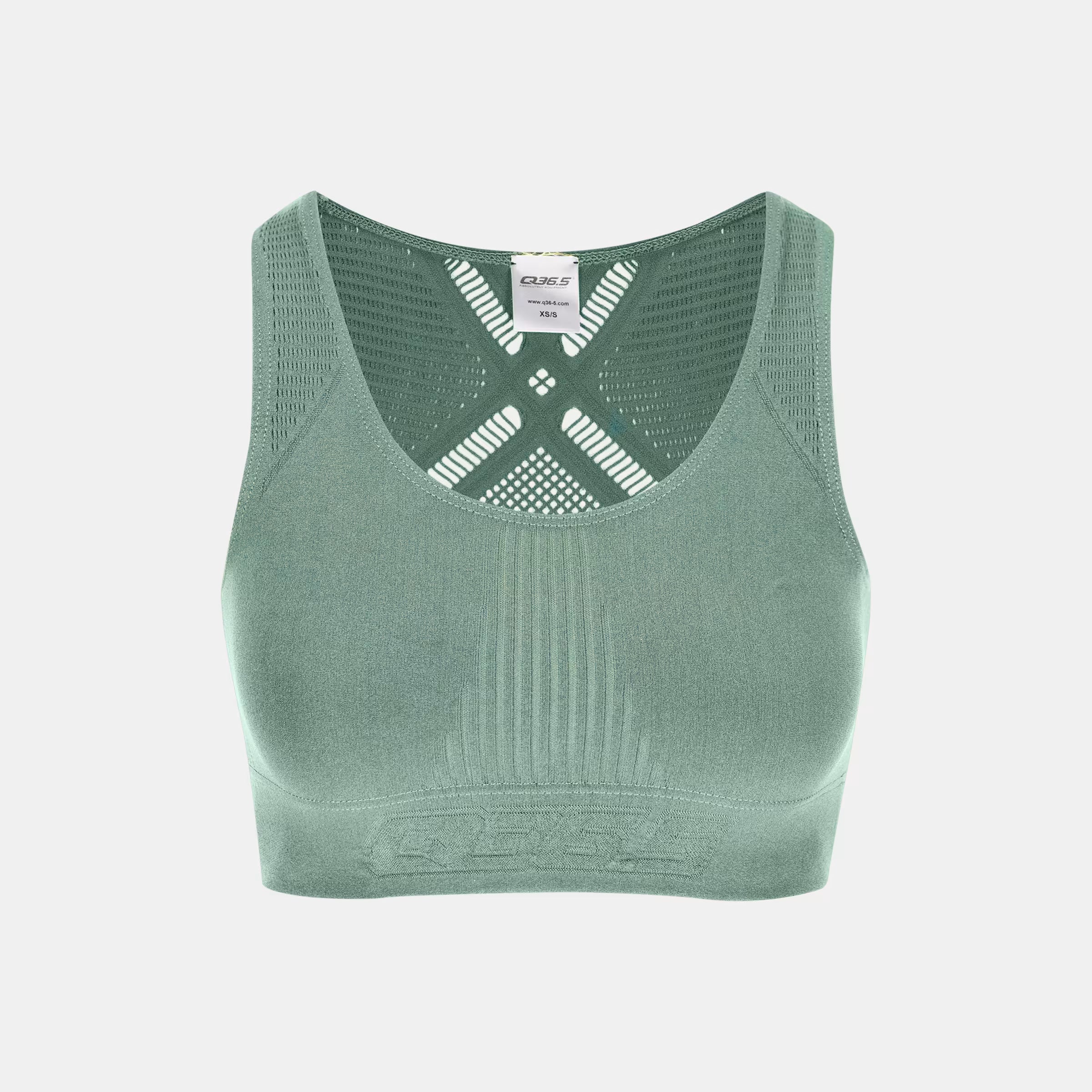 Q36.5 Seamless Bra - Olive Green with breathable mesh back and ribbed front detailing for comfort and support