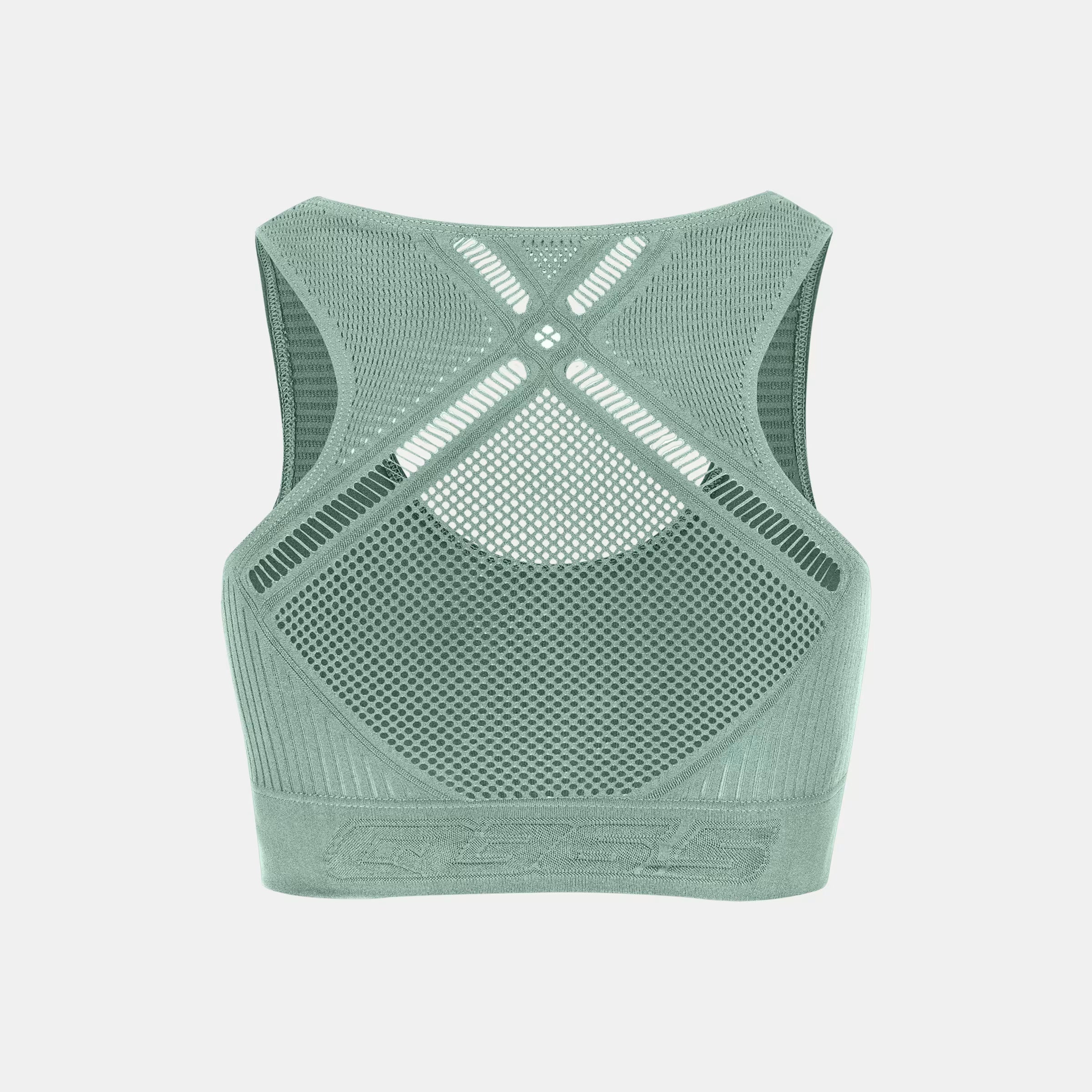 Back view of Q36.5 Seamless Bra - Olive Green featuring breathable mesh panels and wide cross straps design