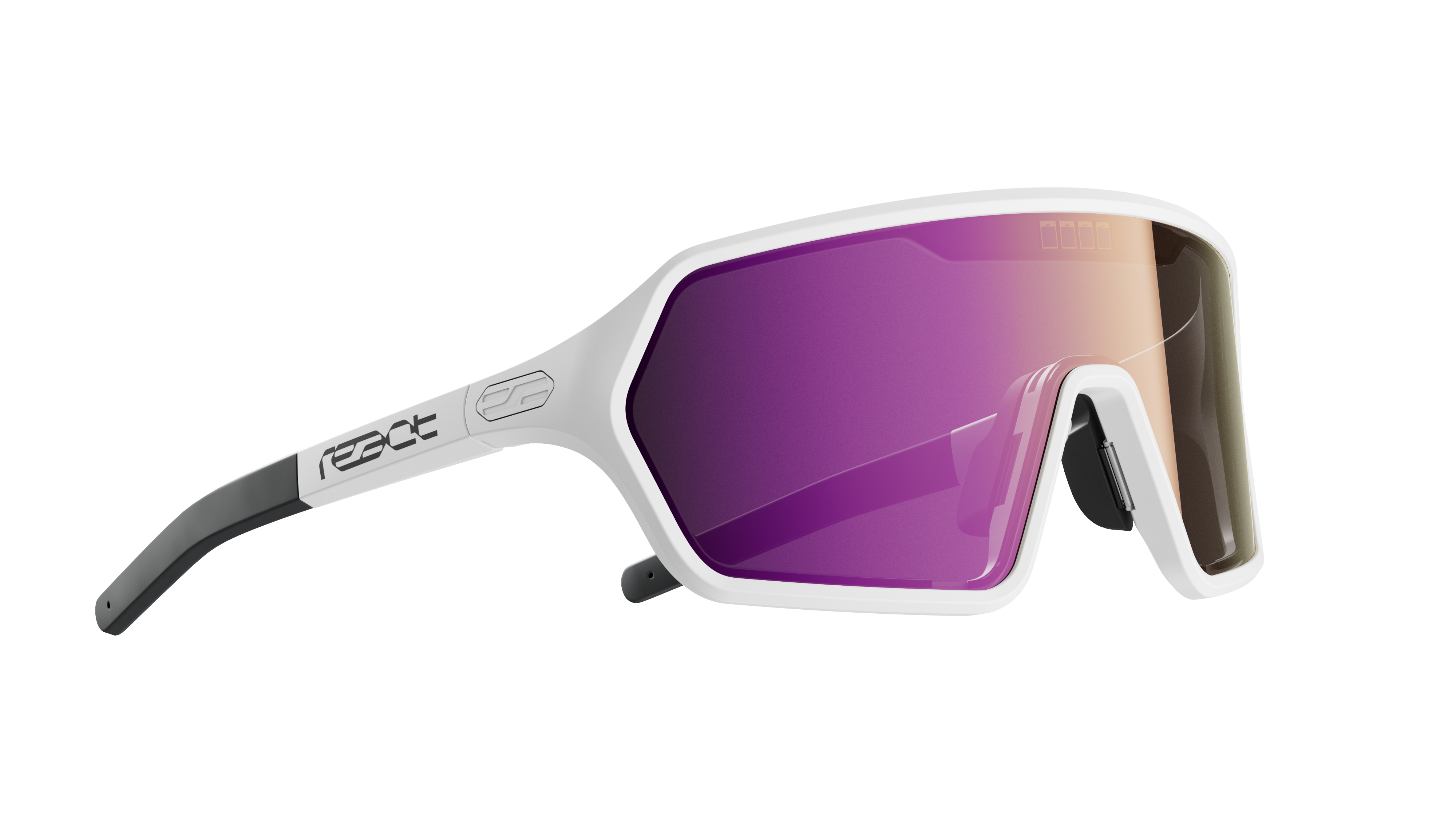 REACT Rev White Sunglasses with white frame and purple tinted lenses designed for outdoor sports and driving comfort
