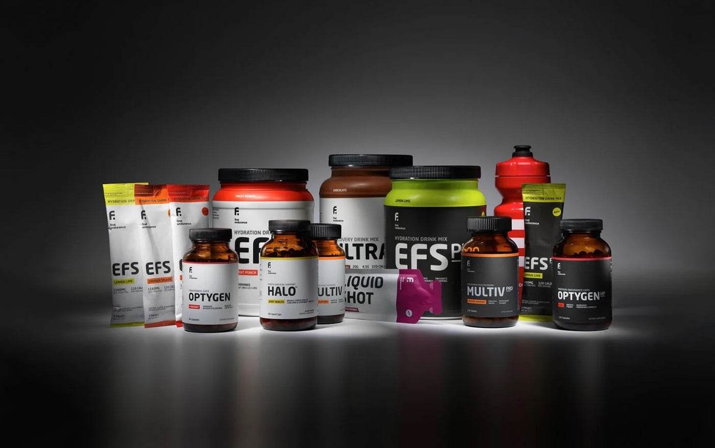 First Endurance supplement products featuring optygen, hale, ultimate, multiv