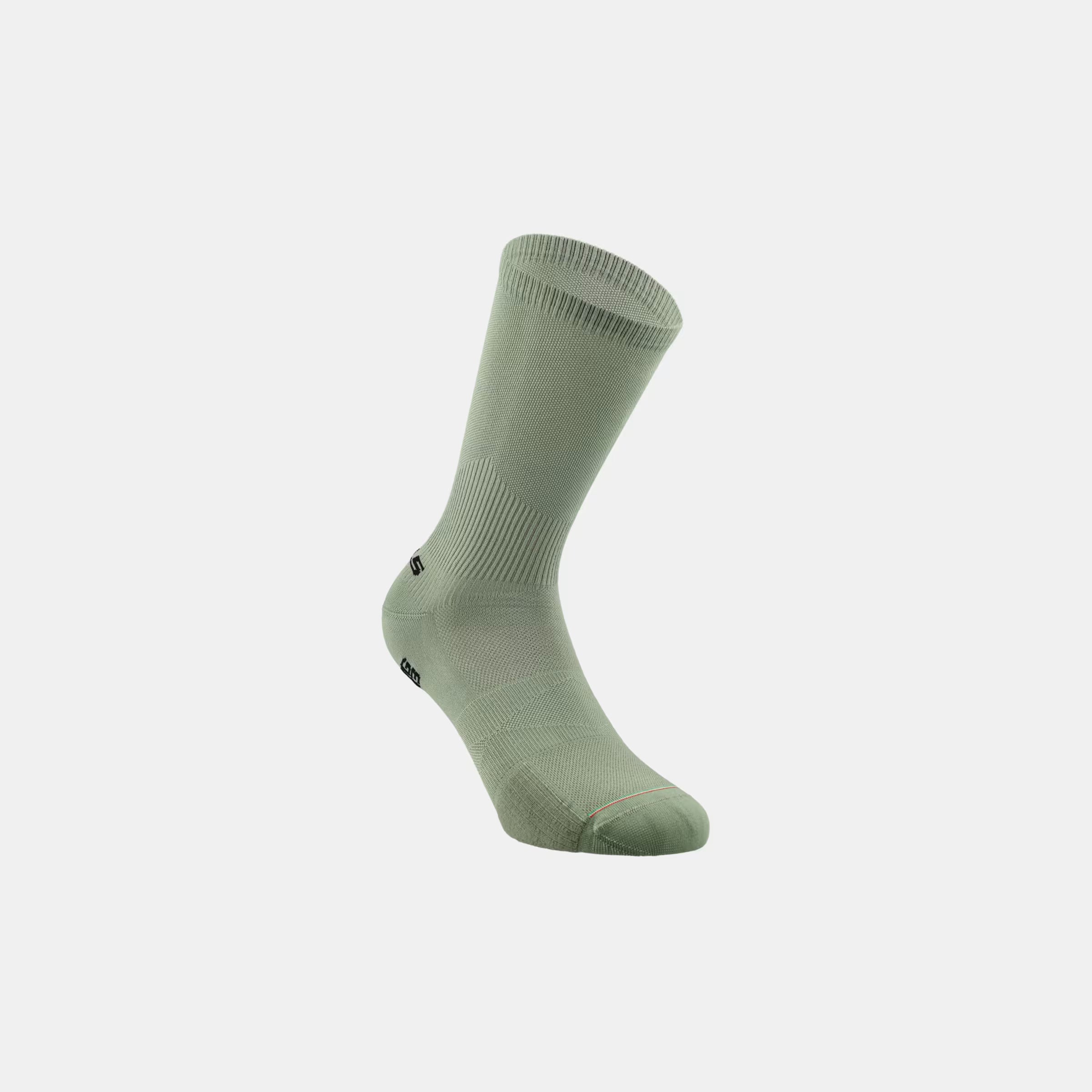 Q36.5 Ultra Long Socks - Sage Green shown in side view with ribbed texture and cushioned footbed for cycling comfort