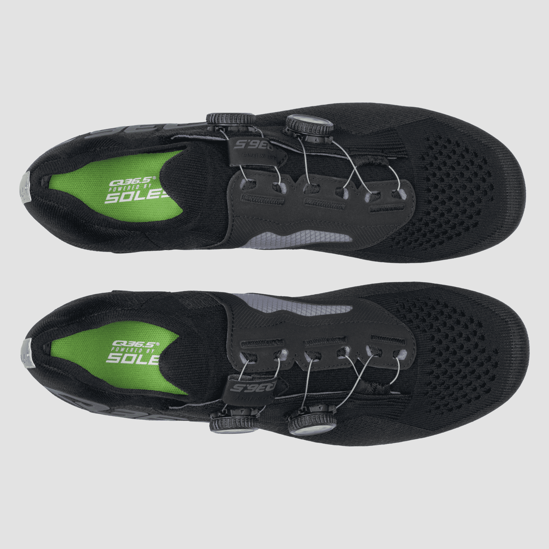 Top view of Q36.5 Dottore Clima Road Shoes - Black showing dual dial closure and green cushioned insoles