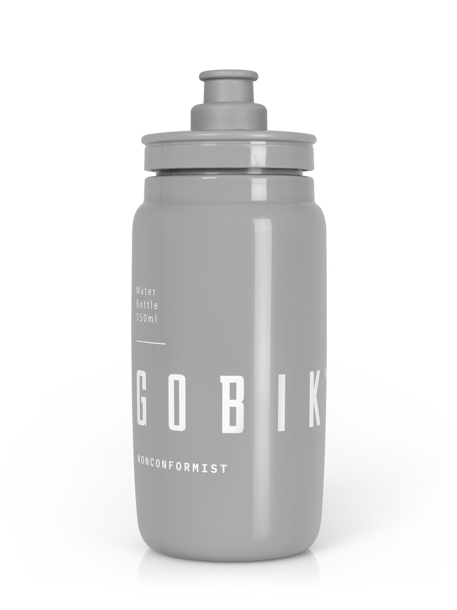 GOBIK Fly Water Bottle 500ml in gray with ergonomic design for lightweight, compact hydration during rides