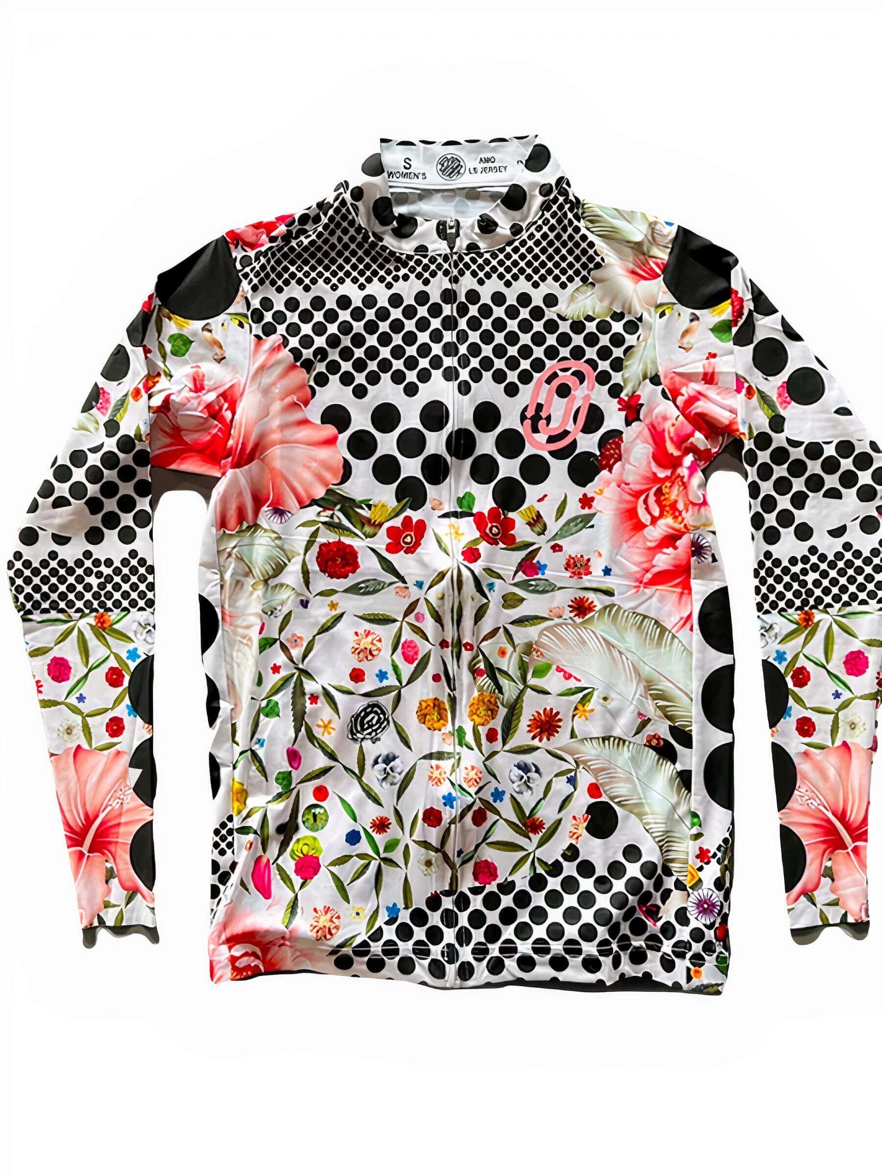 Ostroy Omloop White Lightweight Long-Sleeve Jersey - Women's with floral and polka dot design on white background