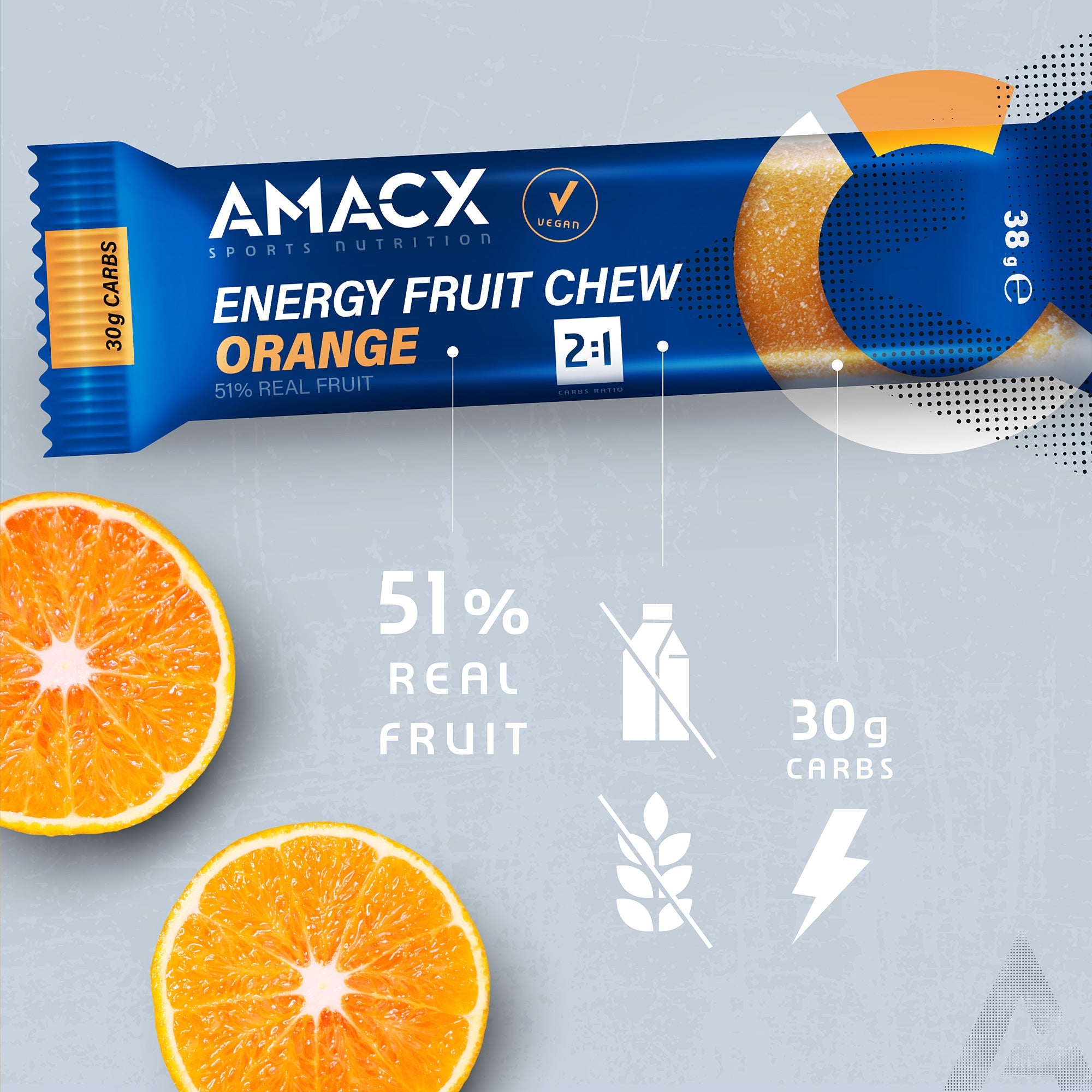 Energy Fruit Chew Orange | 12 pack in gallery position 2 with orange slices and nutrition highlights in 2000x2000 square format