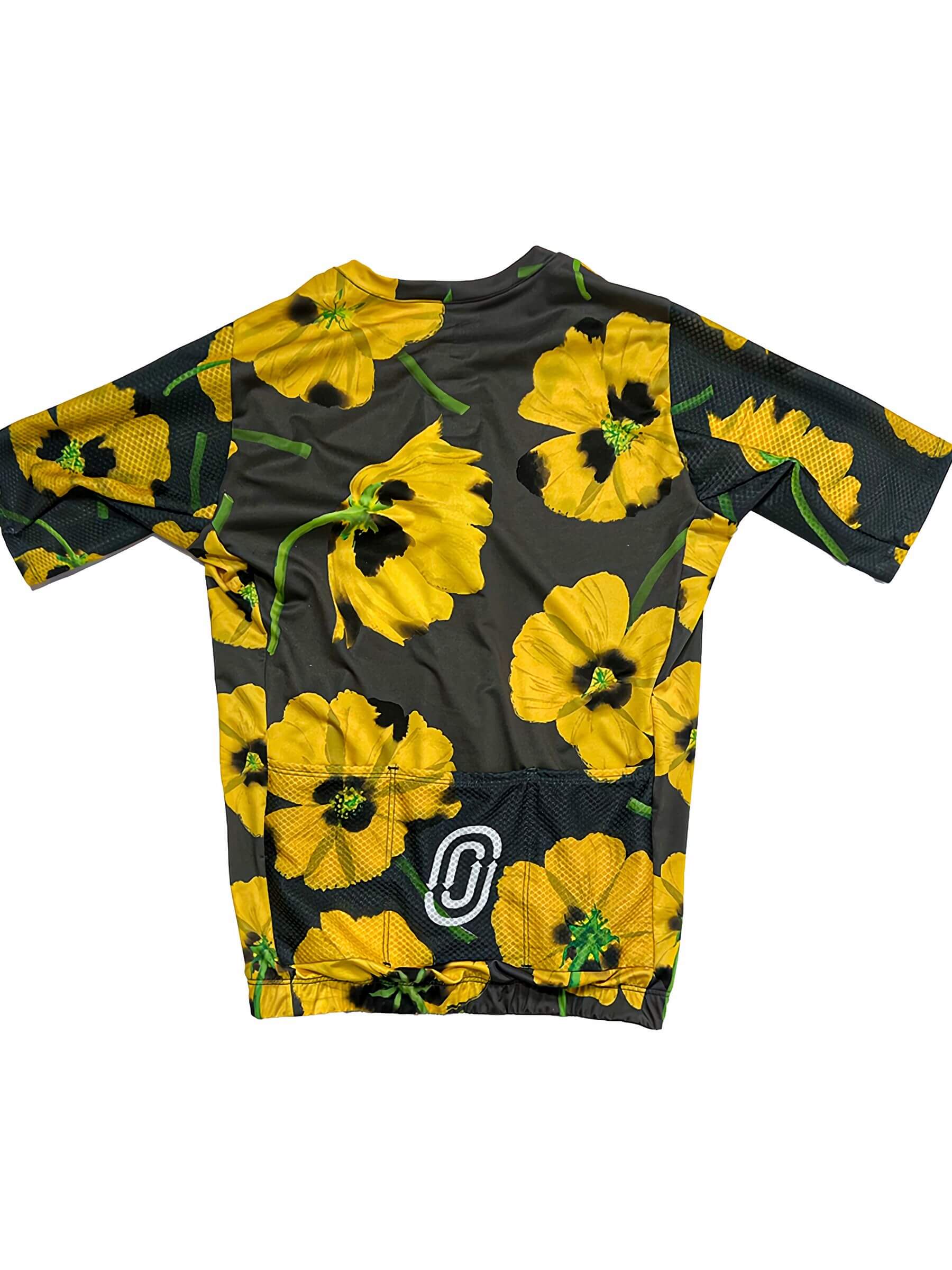 Back view of Ostroy Yellow Poppies Jersey - Women's featuring yellow floral design and breathable mesh sleeves