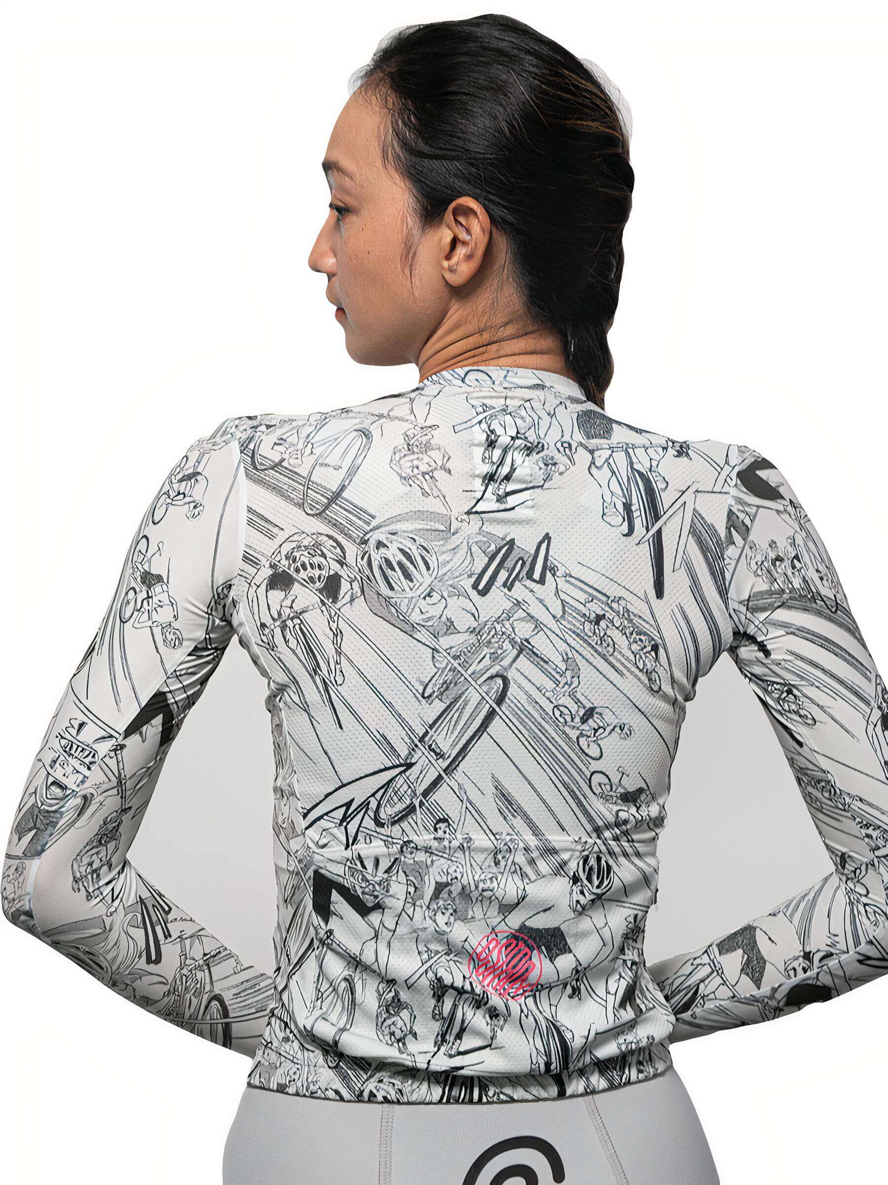 Woman wearing Ostroy Manga Lightweight Long-Sleeve Jersey - Women's showing back with detailed manga-inspired cycling design